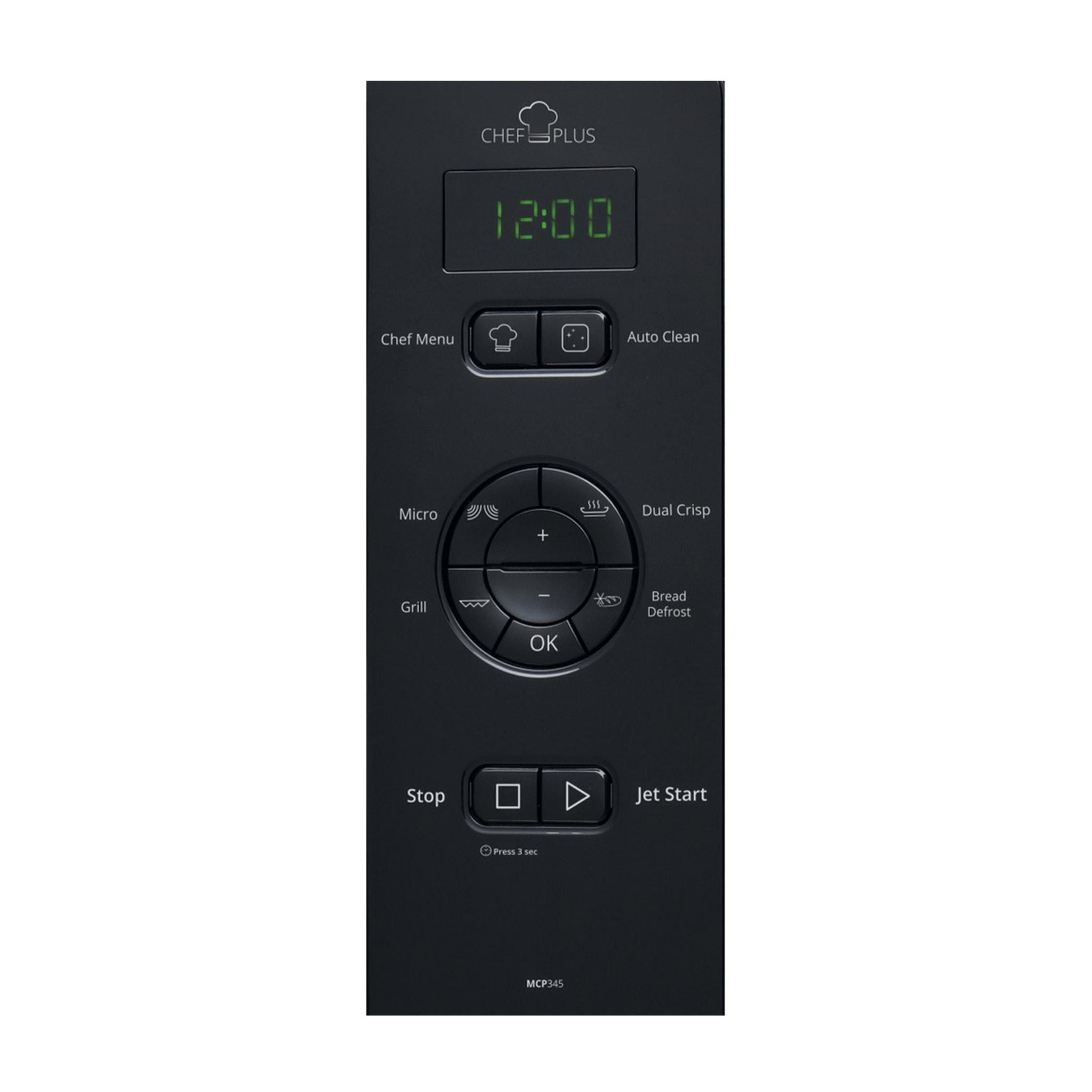 Czarny panel sterowania z cyfrowym zegarem 12:00 i przyciskami menu, czyszczenia, mikrofalówki, grilla.