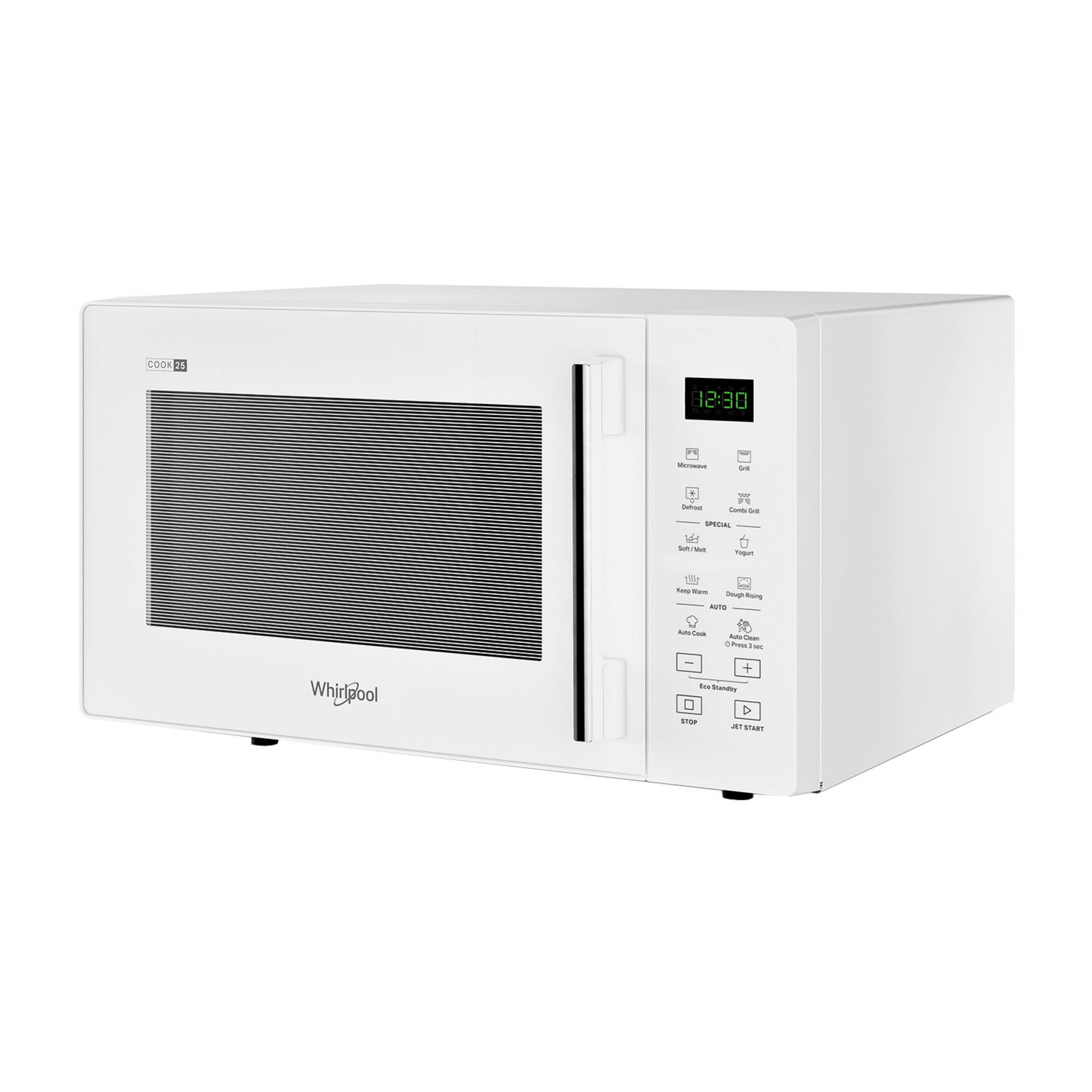 A white Whirlpool microwave oven with a digital display and control panel.