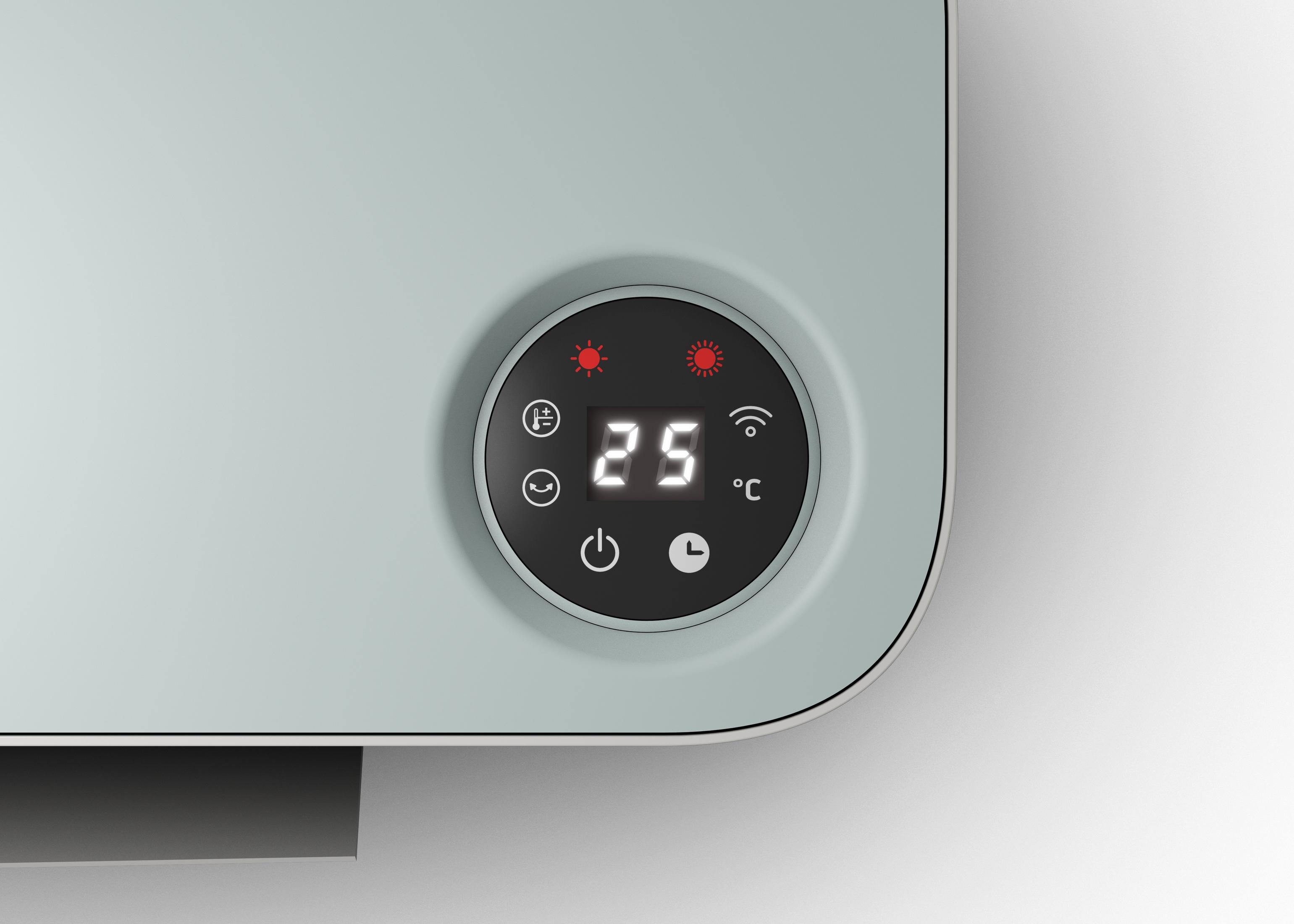 Dispositivo azzurro con display digitale: 25 gradi, sole, WiFi, orologio, icona di accensione.