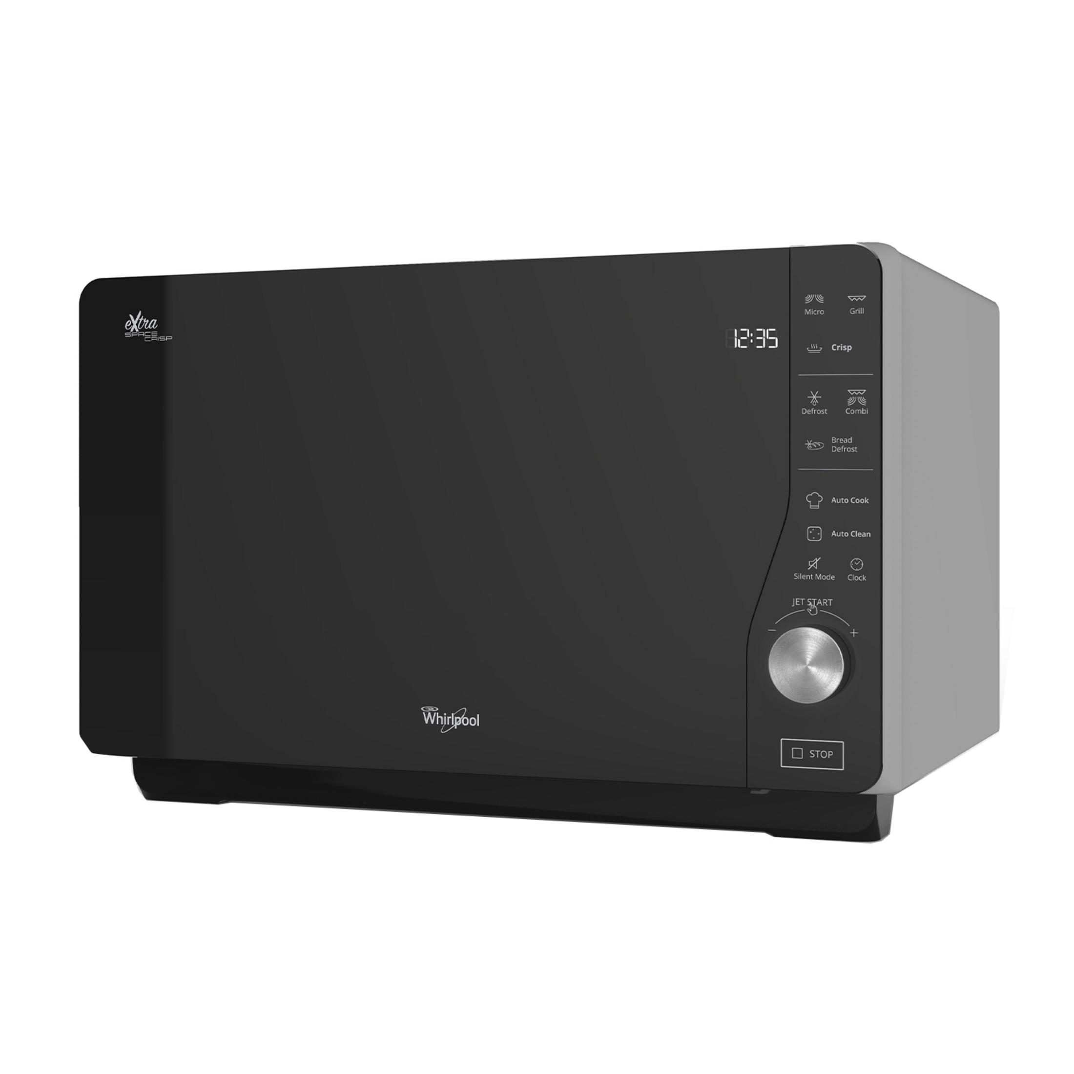 Szara kuchenka mikrofalowa Whirlpool z czarnymi drzwiami i panelem sterowania.