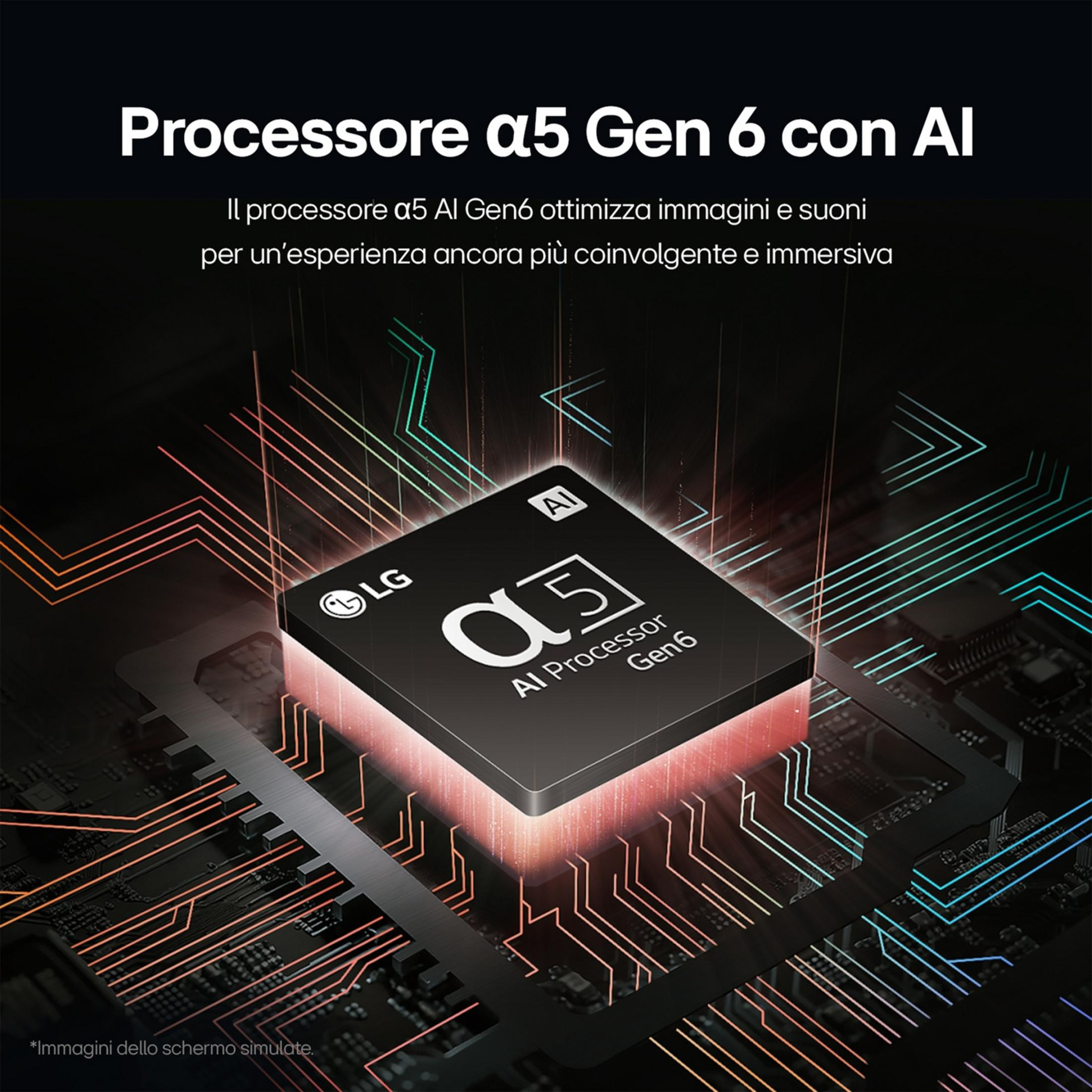 Procesador LG a5 AI con brillo rojo en placa de circuito. Líneas de neón.