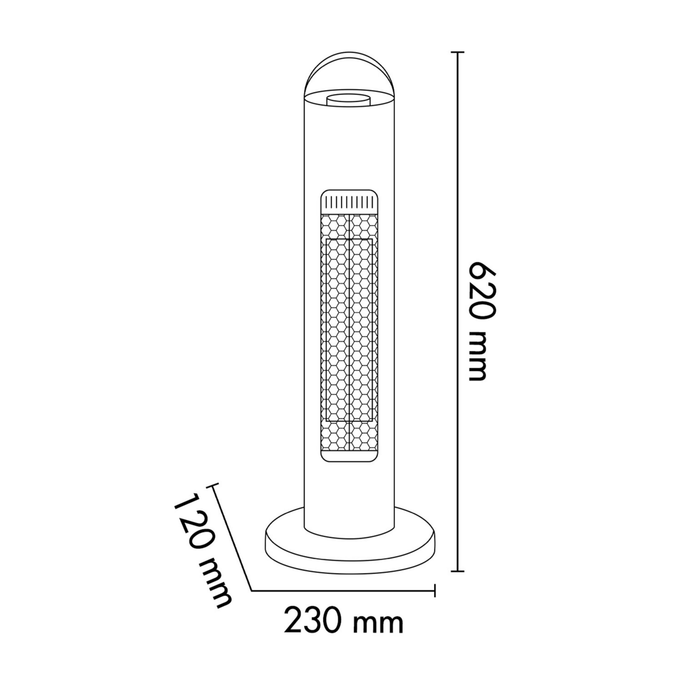 Rysunek techniczny grzejnika wieżowego. Wymiary: 620 mm wys., 230 mm szer., 120 mm gł.