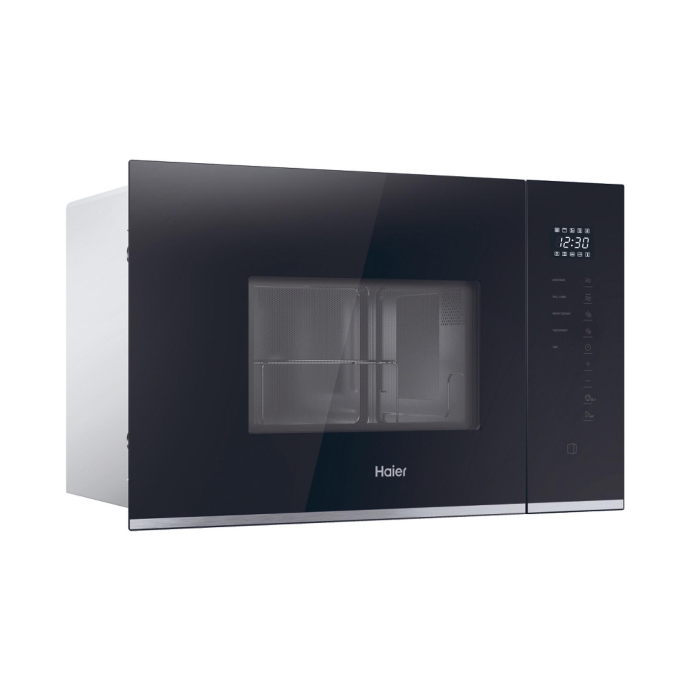 Un microonde Haier nero con porta in vetro e display digitale.