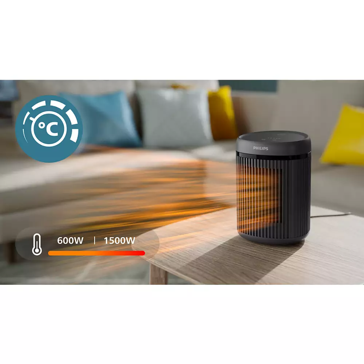 Czarny grzejnik Philips stoi na stole z ciepłym strumieniem powietrza.