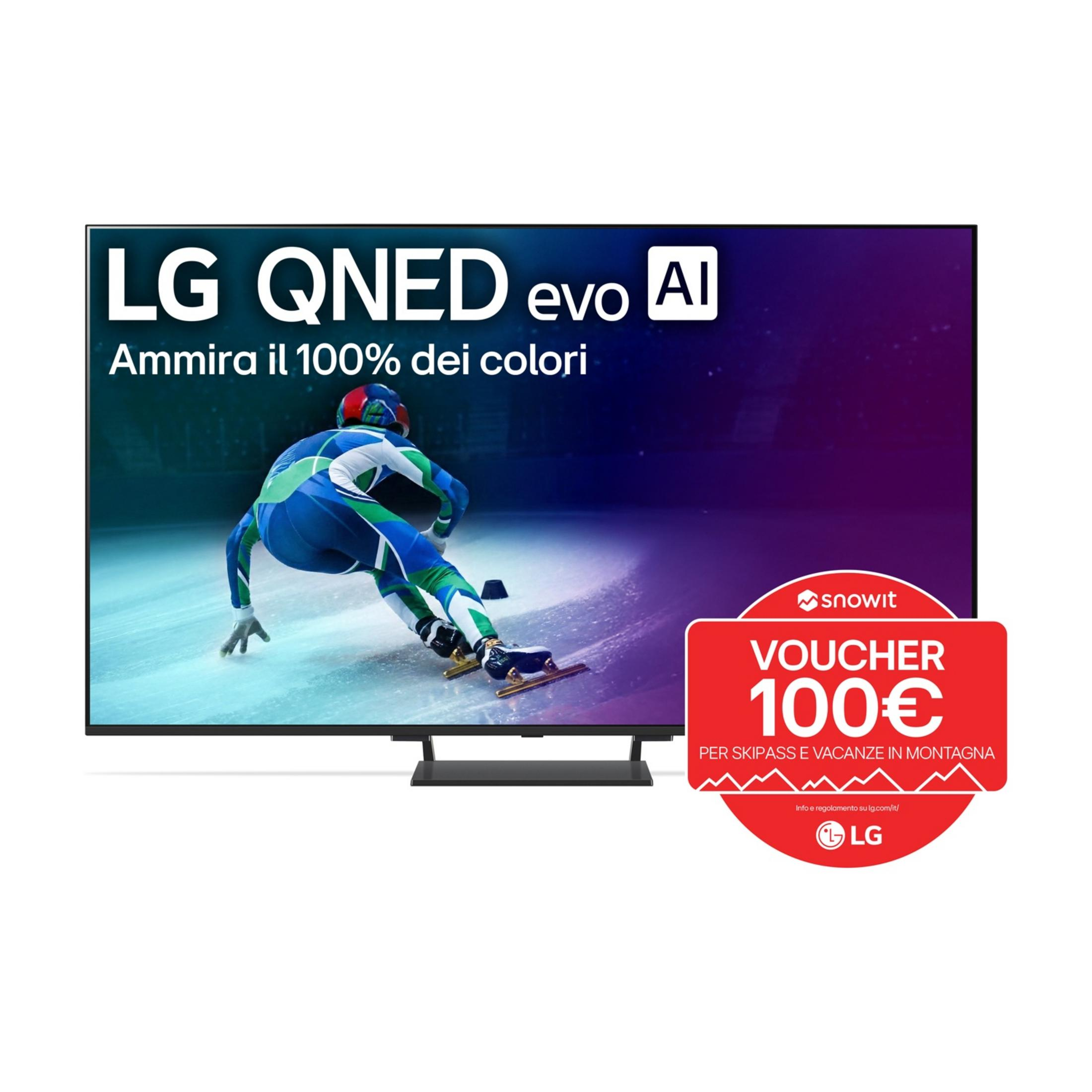 TV LG QNED mostra pattinatore con voucher Snowit da 100€.
