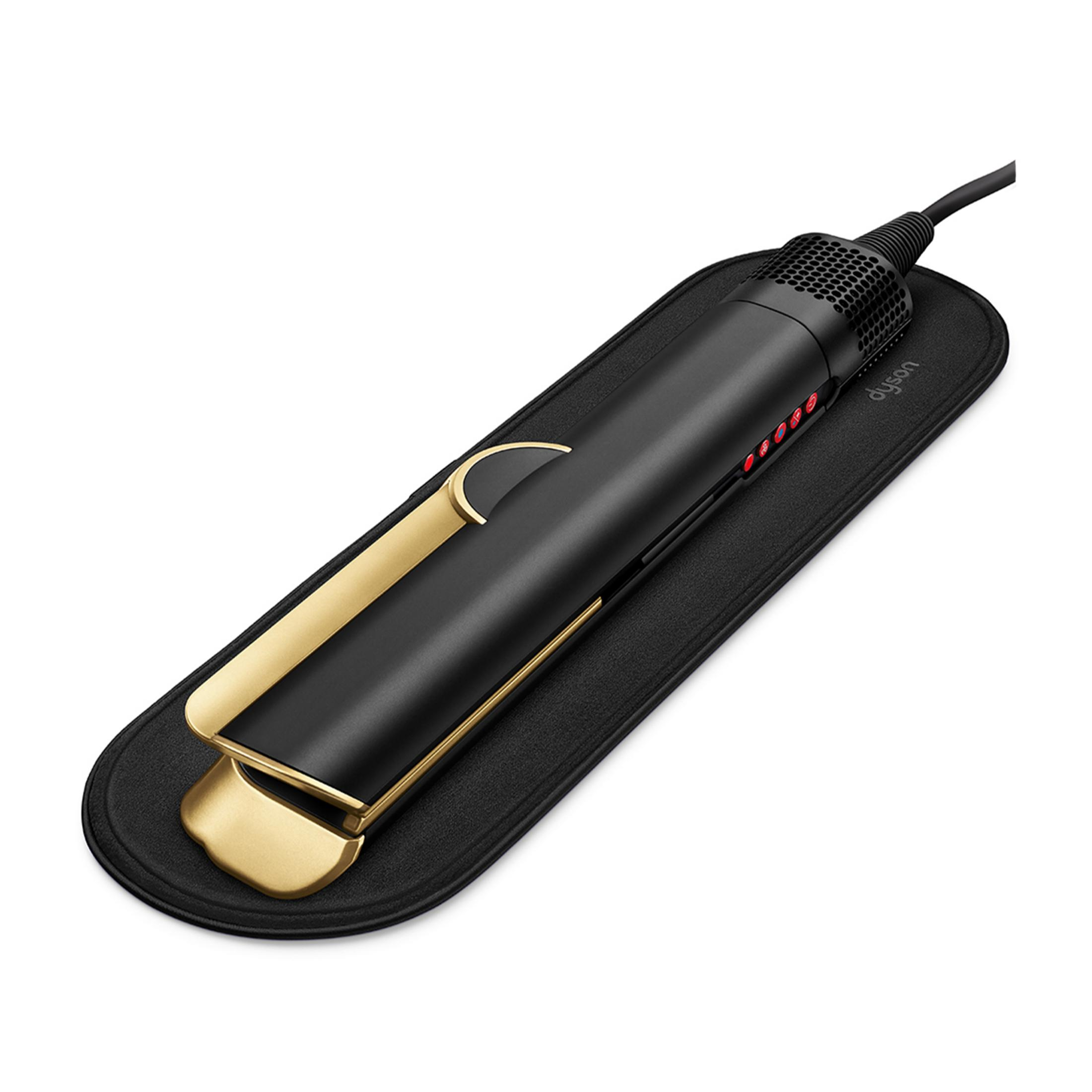 Schwarzer Dyson Haarglätter mit goldenen Akzenten auf schwarzer Matte.