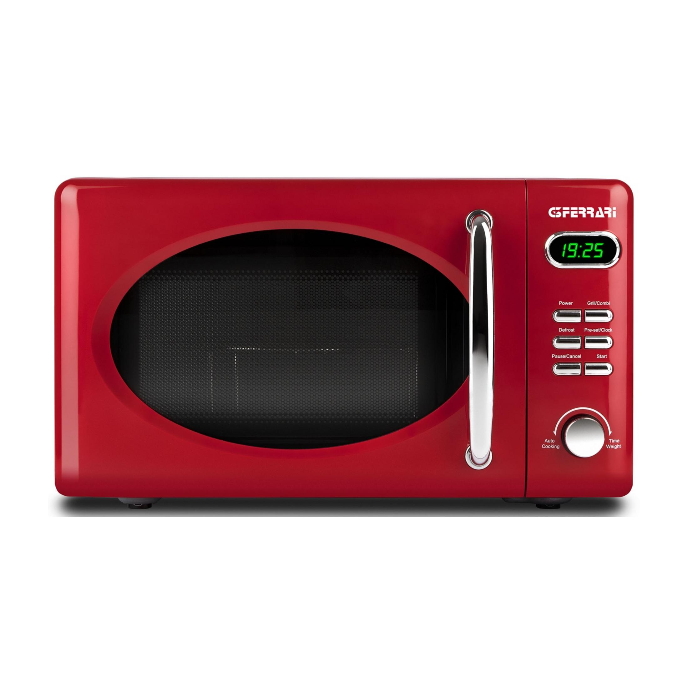 Czerwona kuchenka mikrofalowa GFerrari z cyfrowym wyświetlaczem i przyciskami.