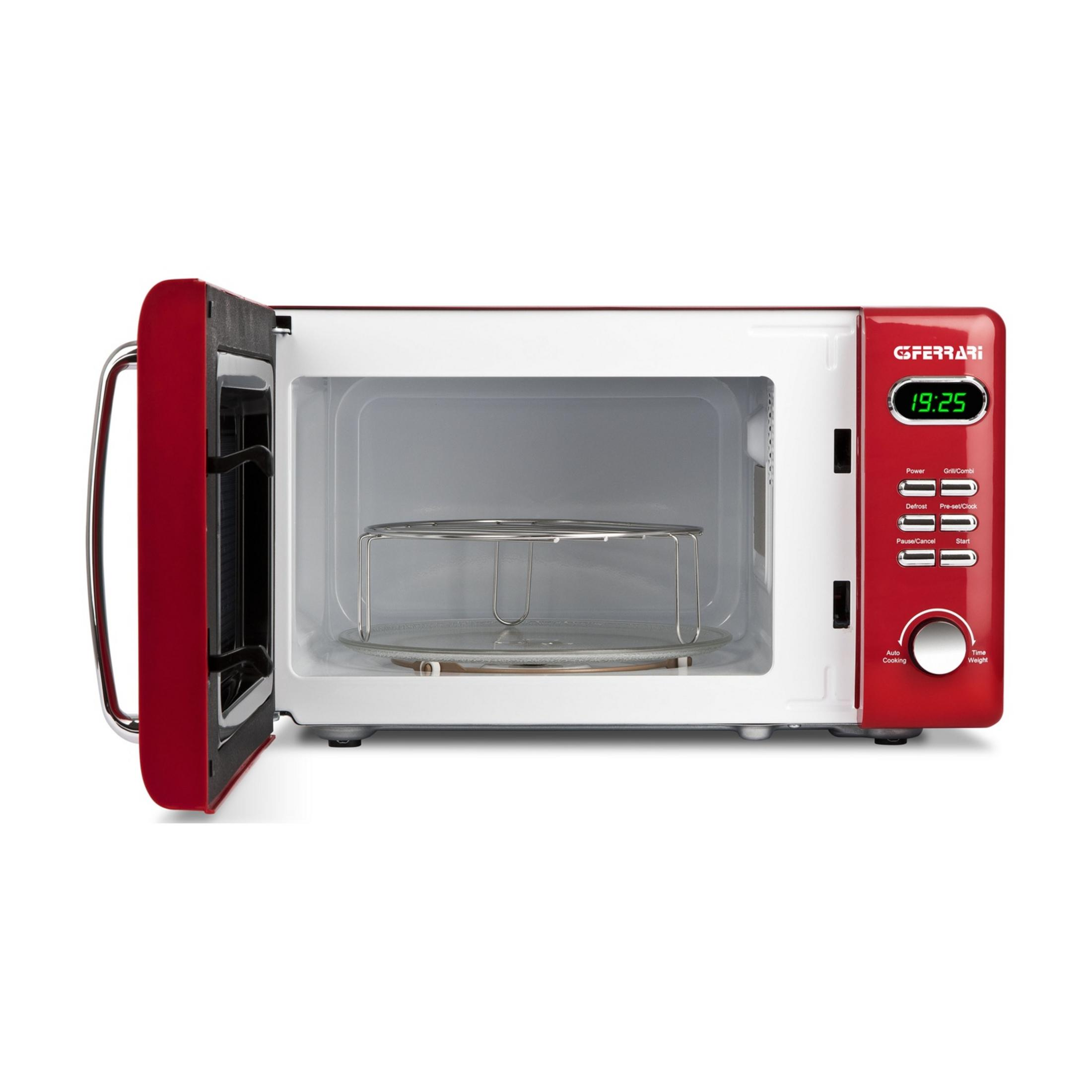 Czerwona mikrofalówka G-Ferrari z otwartymi drzwiami, wewnątrz kratka.