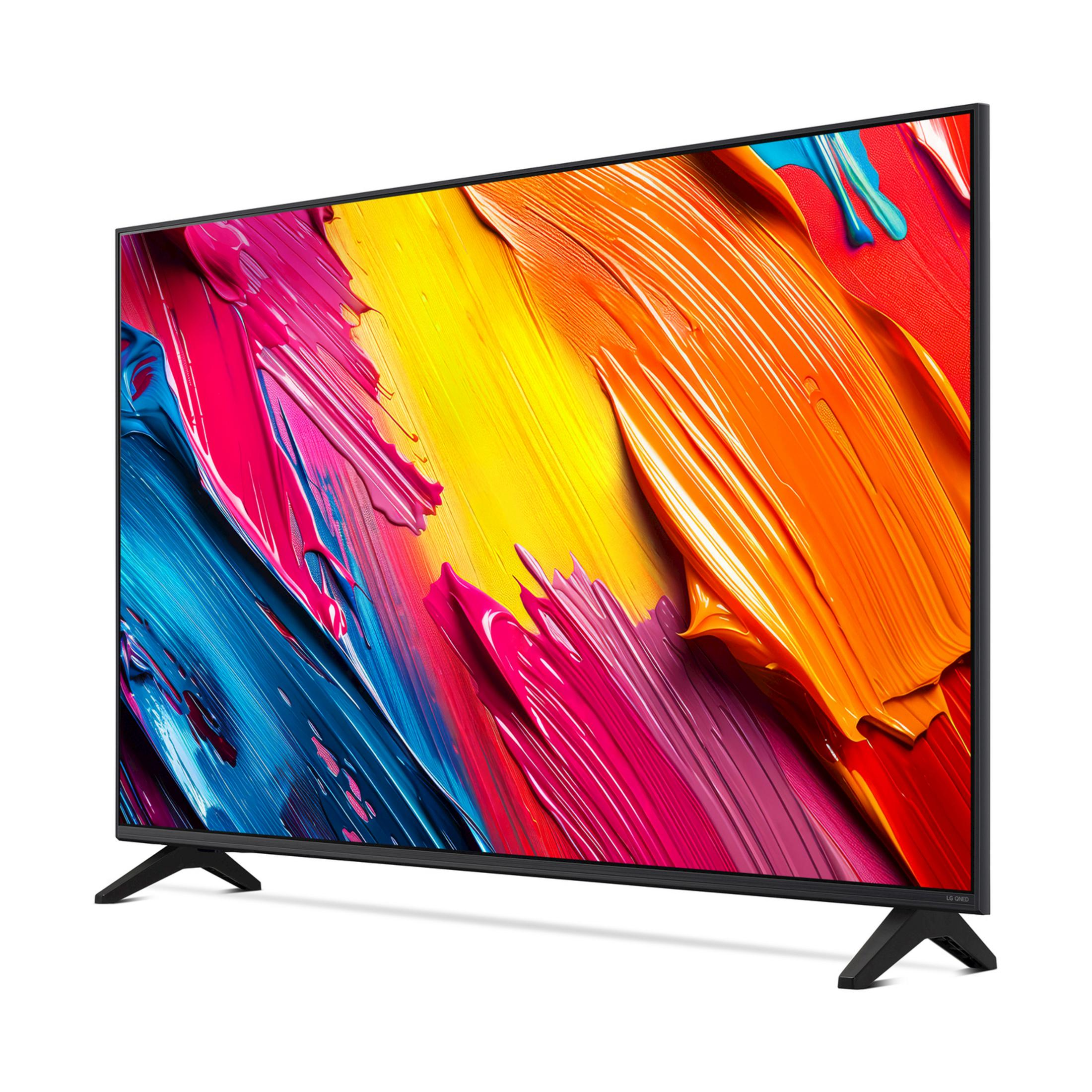 Un televisore nero con uno screensaver astratto e colorato.