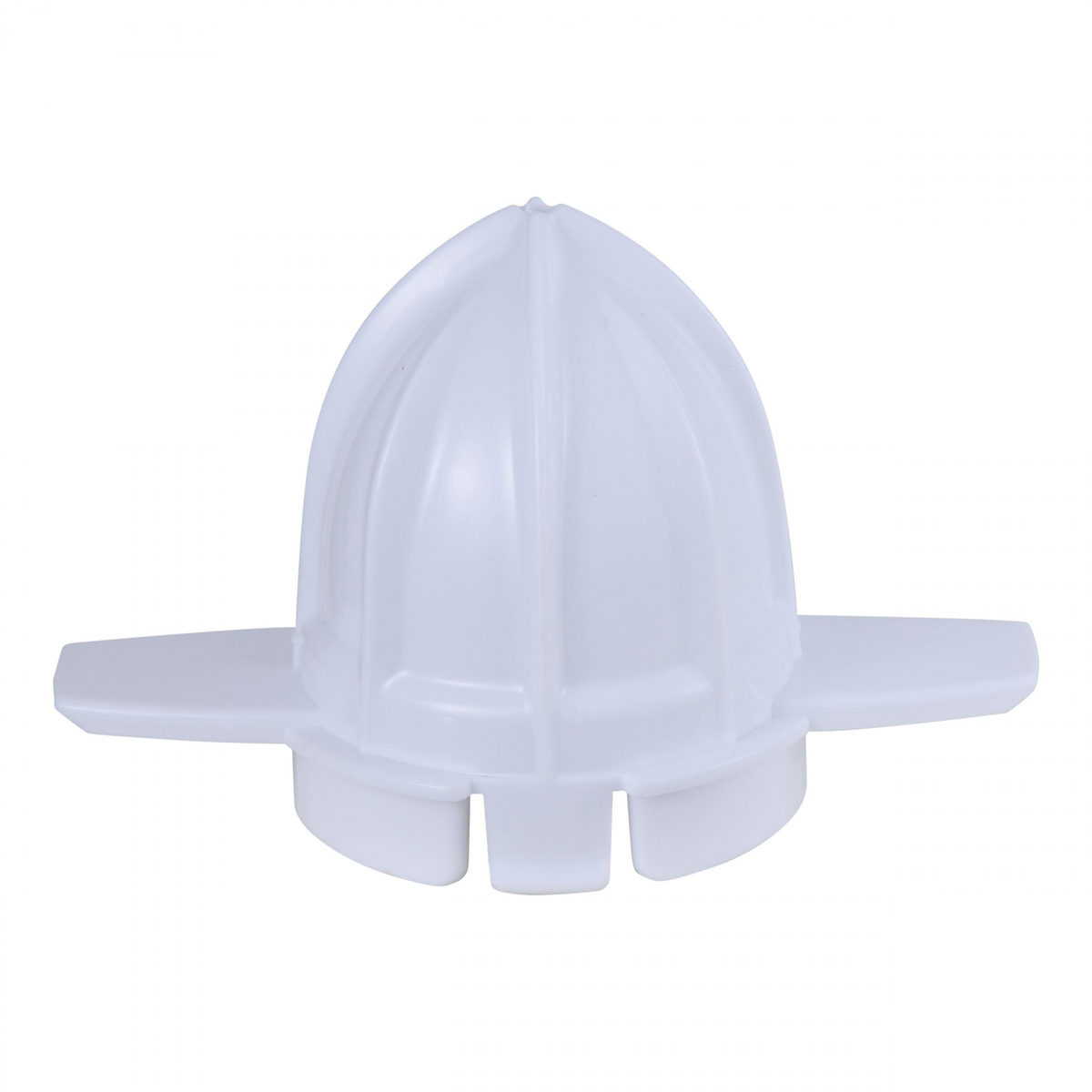 Un accesorio blanco de plástico para exprimidor de cítricos con estrías.