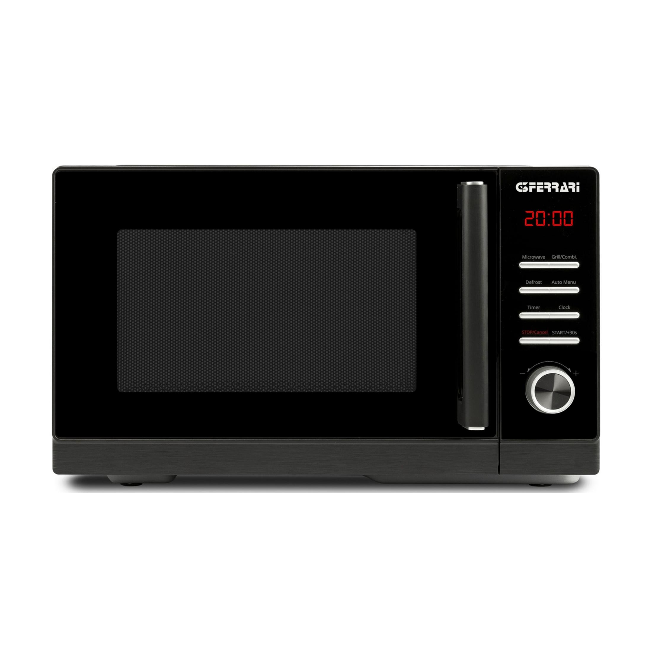 Forno a microonde nero con display digitale (20:00) e pulsanti.