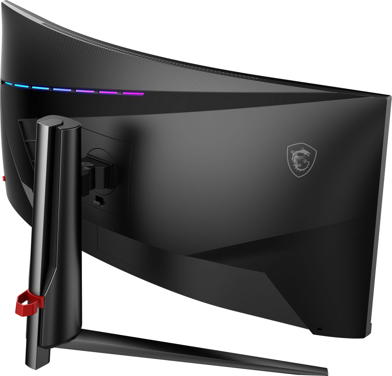 Tył zakrzywionego czarnego monitora z logo MSI i oświetleniem RGB.