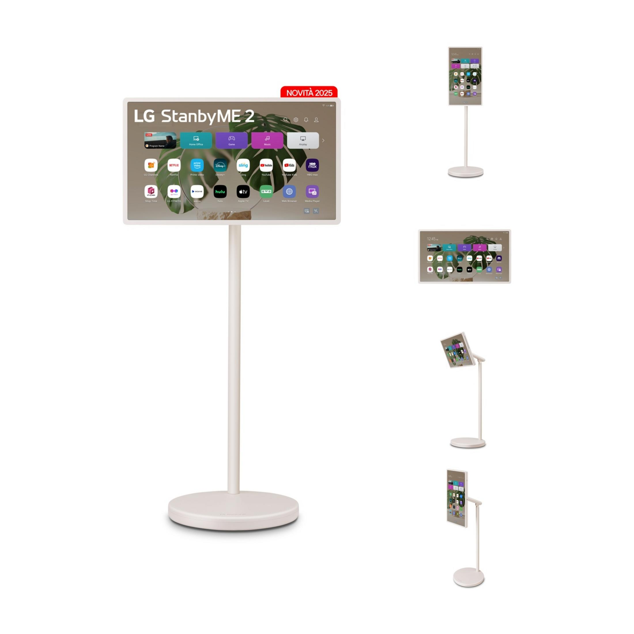 Una pantalla blanca LG StanbyME 2 sobre un soporte con aplicaciones.