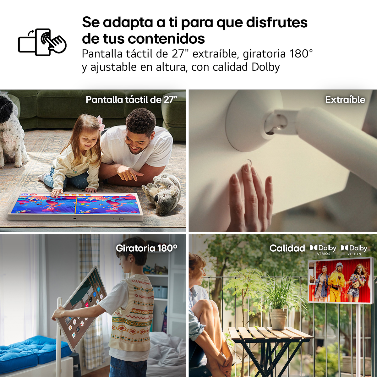 Pantalla con familia, mujer, niño, perro y TV. Cuatro escenas muestran funciones.