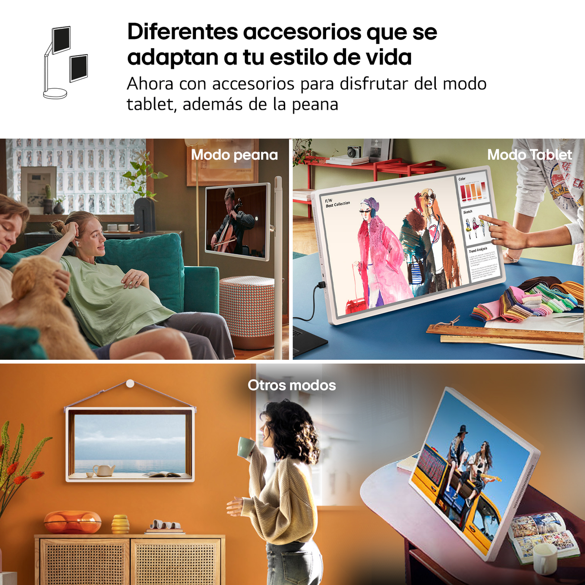 Un collage muestra una pareja, un televisor y un portátil, mostrando varios modos.