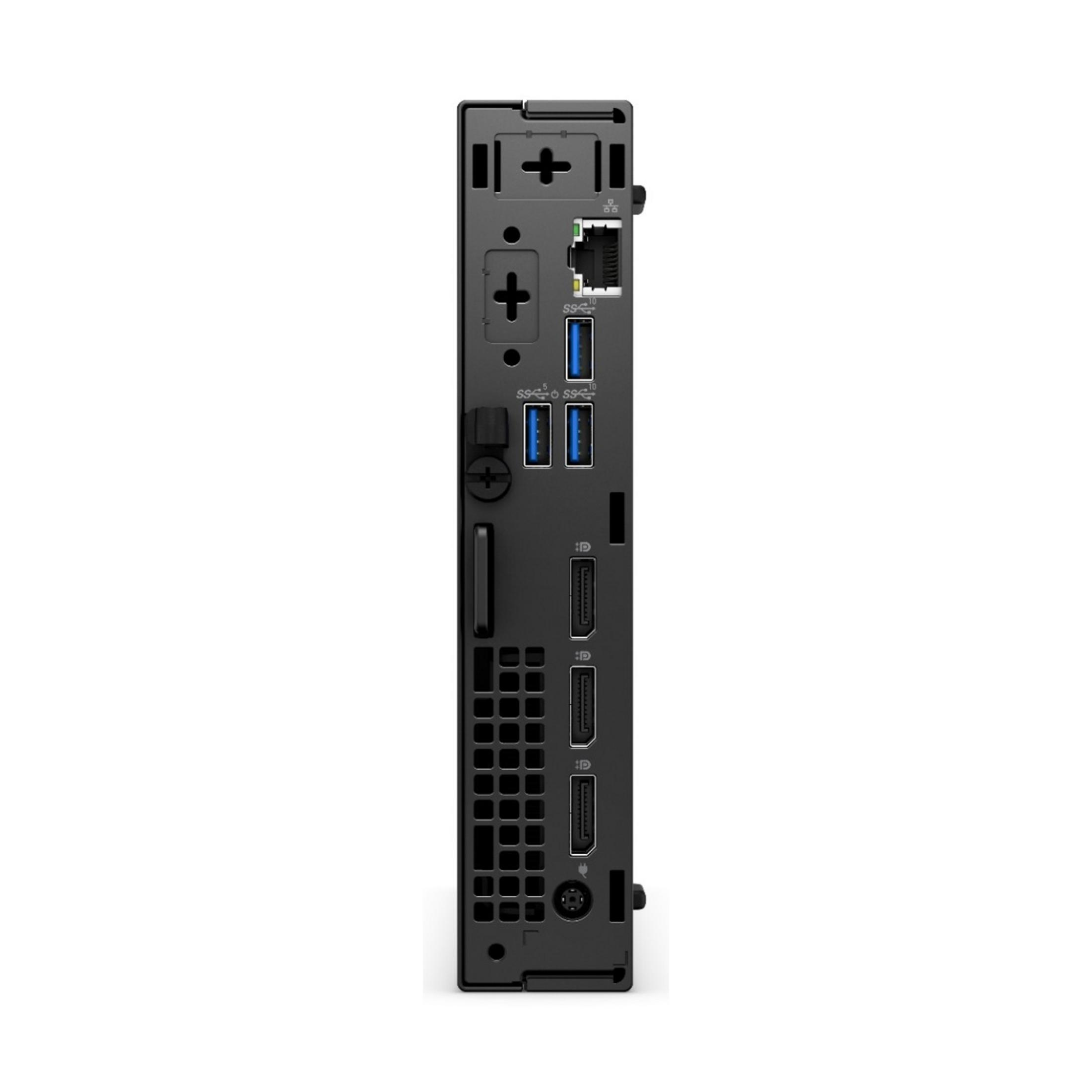 Retro di un mini PC nero con porte: USB, Ethernet, DisplayPort.