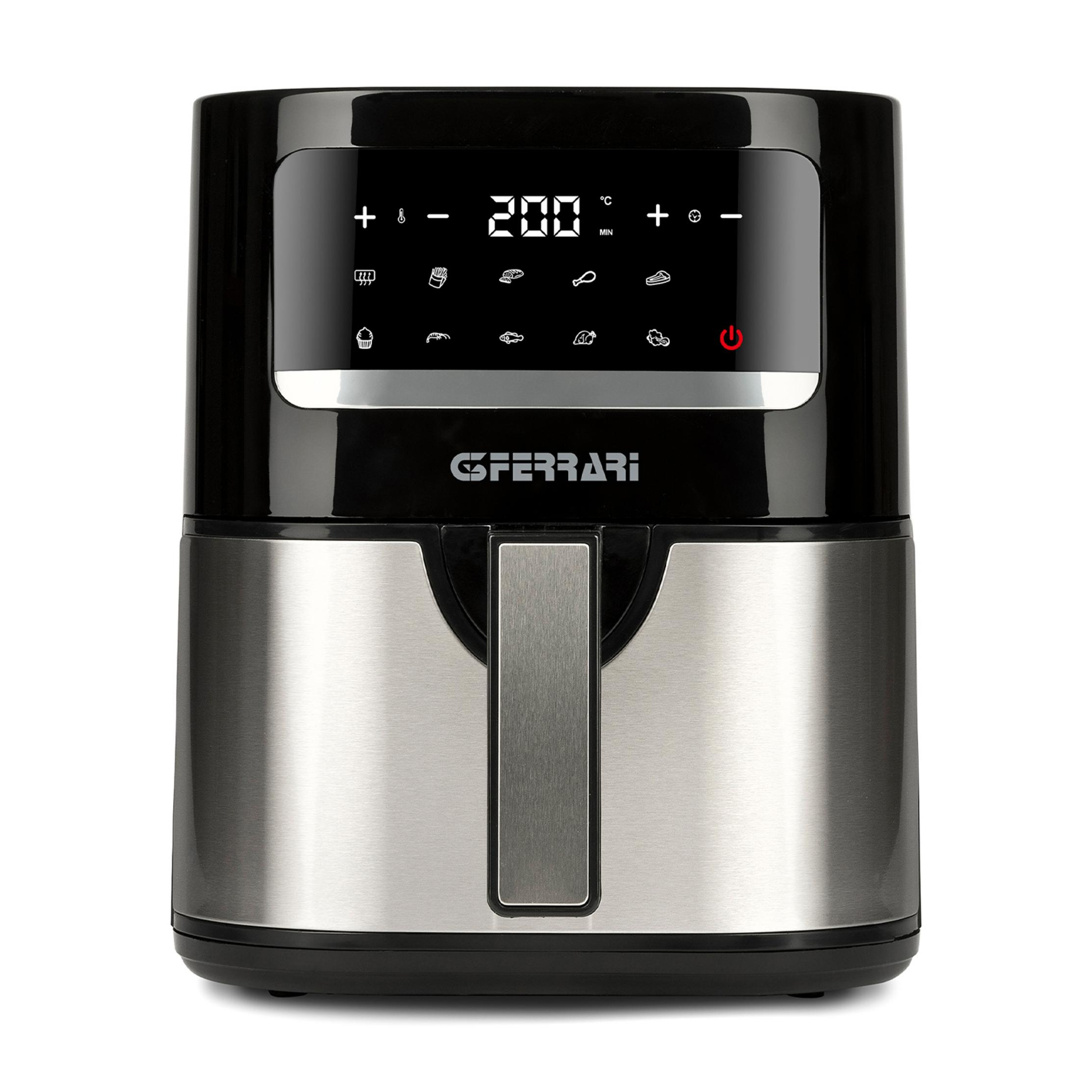Zwarte en zilveren airfryer met digitaal display dat 200°C aangeeft.