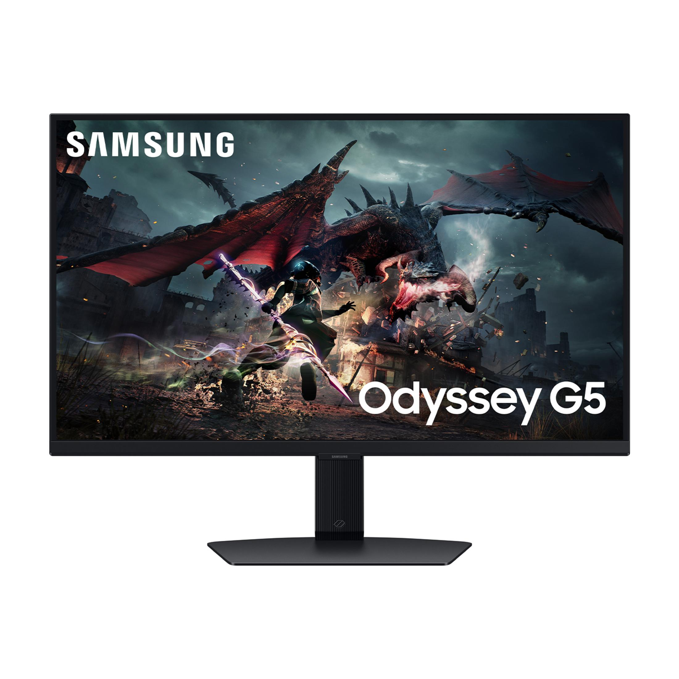 Monitor Samsung Odyssey G5 wyświetla scenę bitwy ze smokiem i wojownikiem.