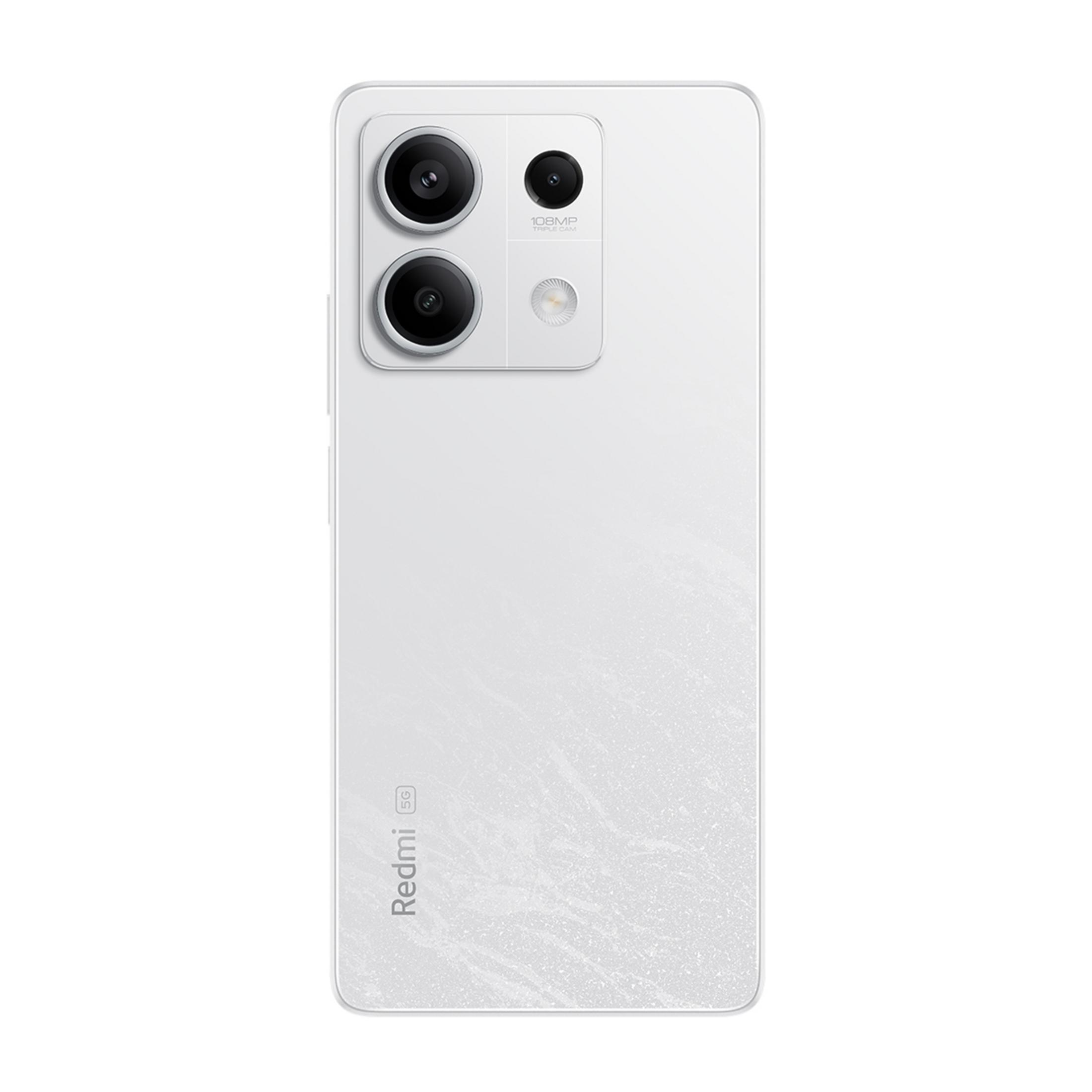 Parte trasera de un smartphone blanco con sistema de triple cámara y logo Redmi 5G.