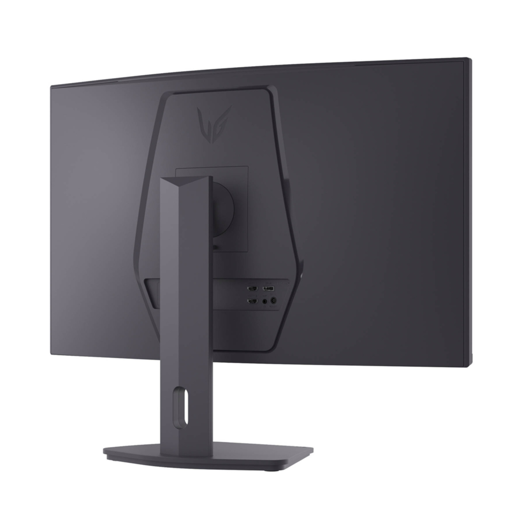 Tył szarego monitora ze stojakiem i portami.