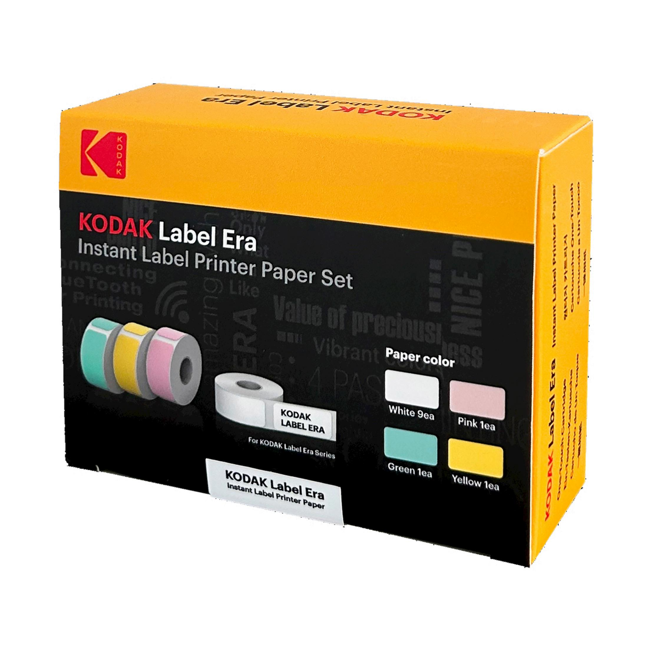 Scatola Kodak Label Era con tre rotoli di carta per etichette verdi, gialli e rosa.