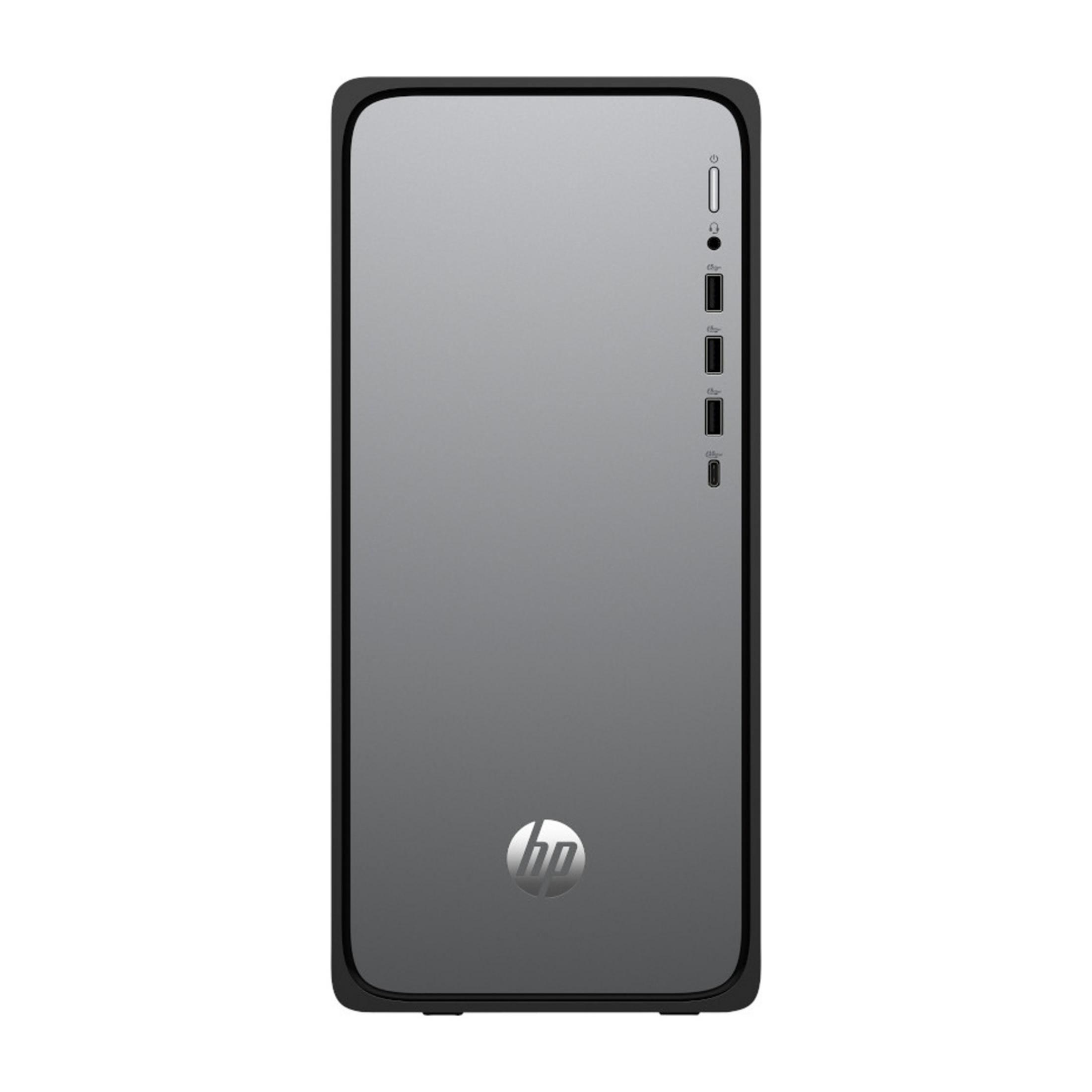 Computer desktop HP grigio con logo argentato e porte anteriori.