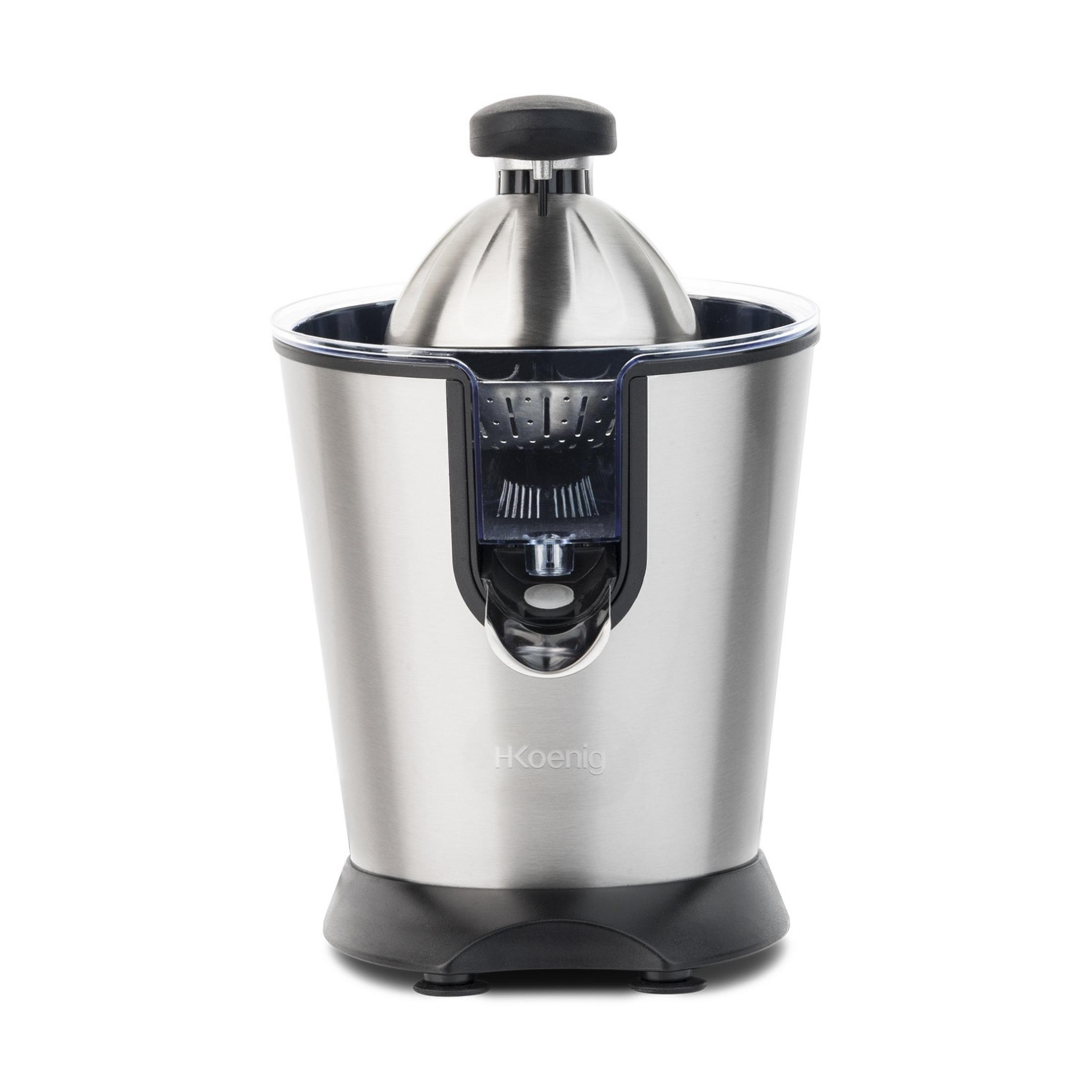 Srebrna wyciskarka do cytrusów z czarną rączką i podstawą.