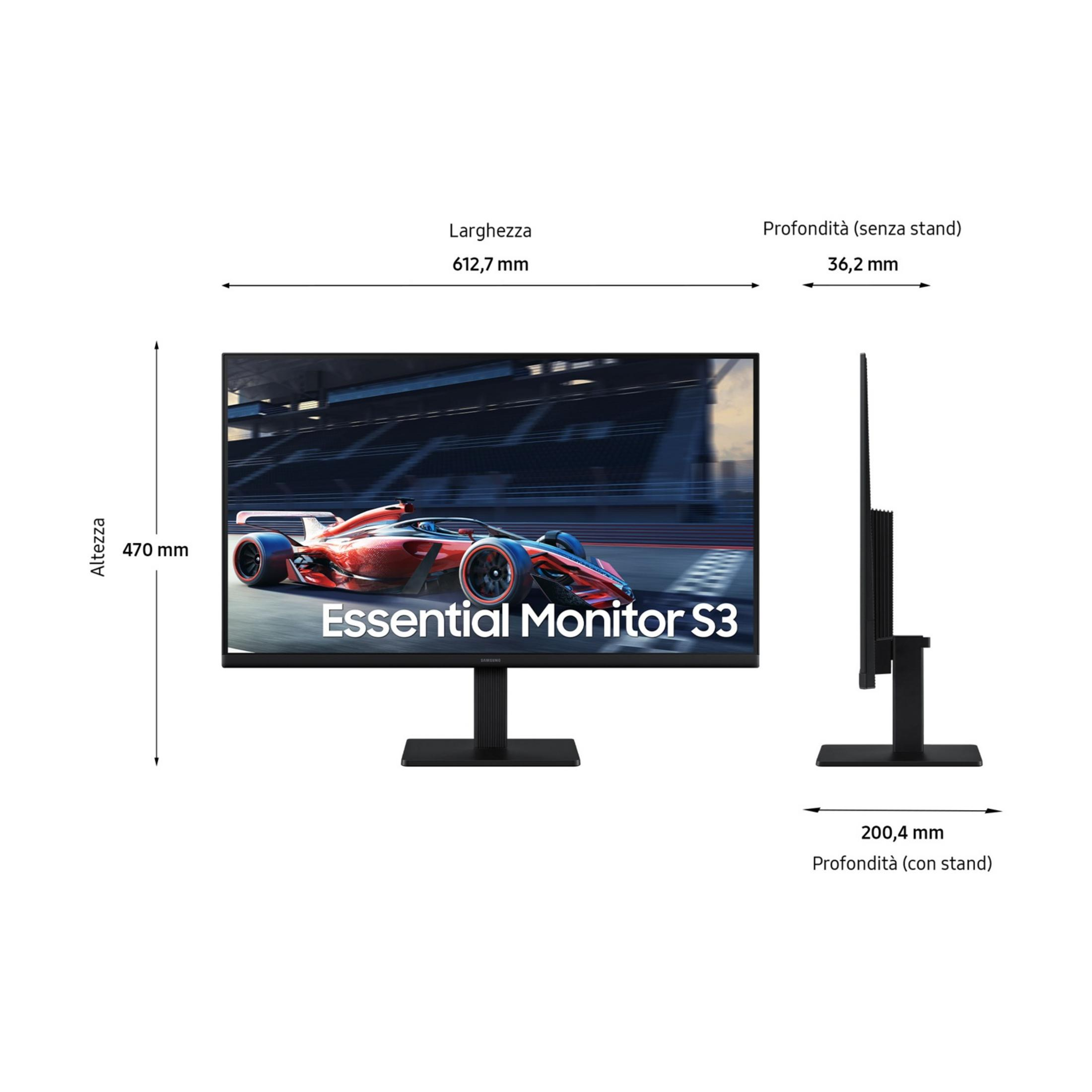 Monitor met raceauto-afbeelding, afmetingen aangegeven.