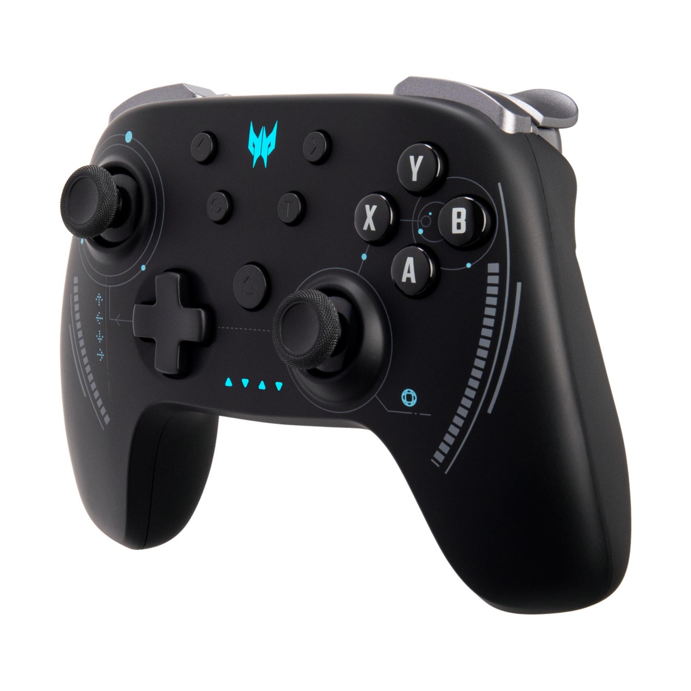 Black gaming controller with blue accents and buttons.