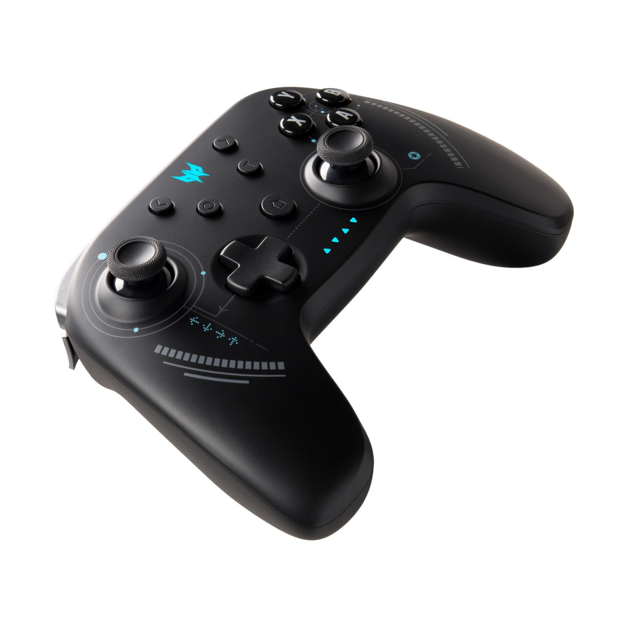 Black game controller with blue accents and illuminated buttons.