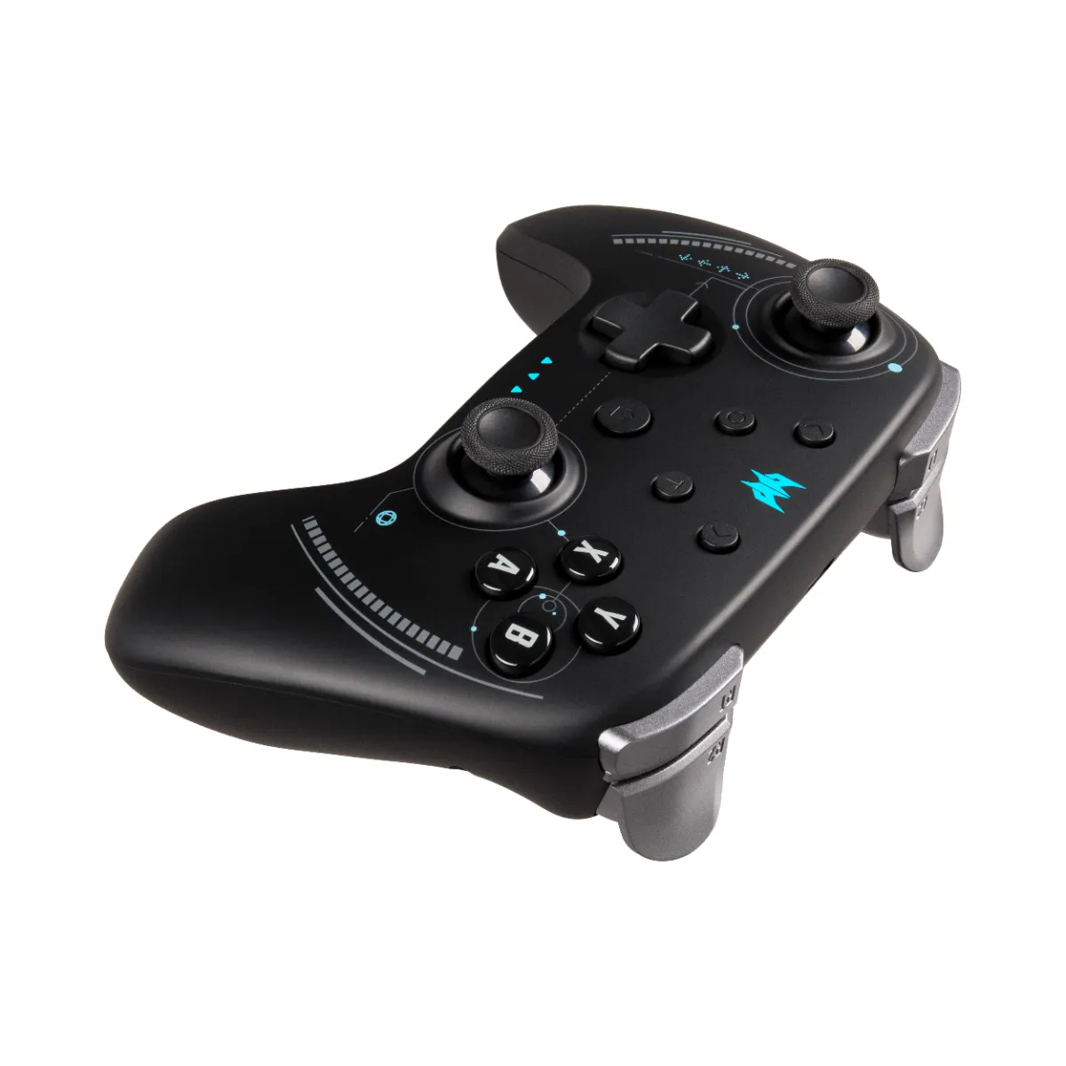 Black gaming controller with blue accents and silver grips.