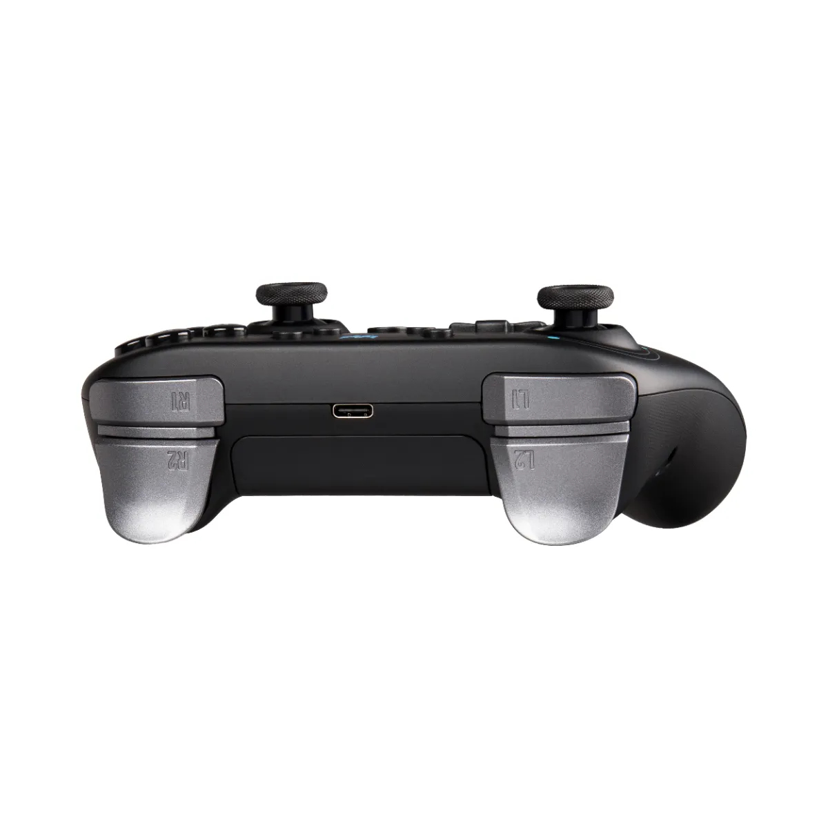 Black game controller with two joysticks, buttons, and USB-C port.