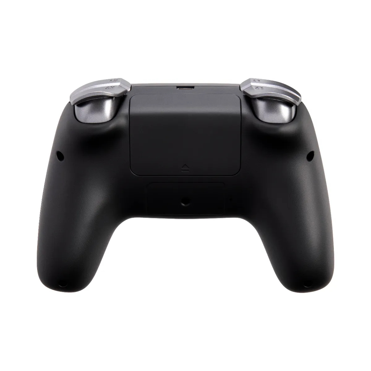 Black game controller from behind with silver shoulder buttons. The back is shown.