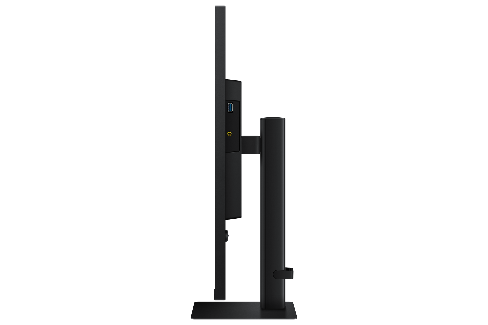 Widok z boku czarnego monitora z portem USB i gniazdem audio.