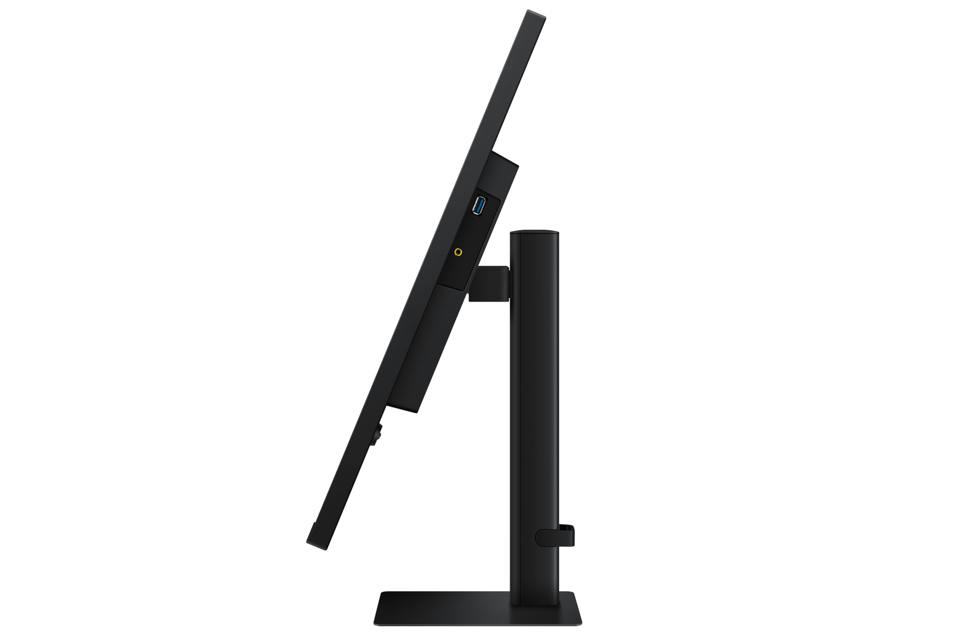 Czarny monitor w profilu z portem USB i podstawką.