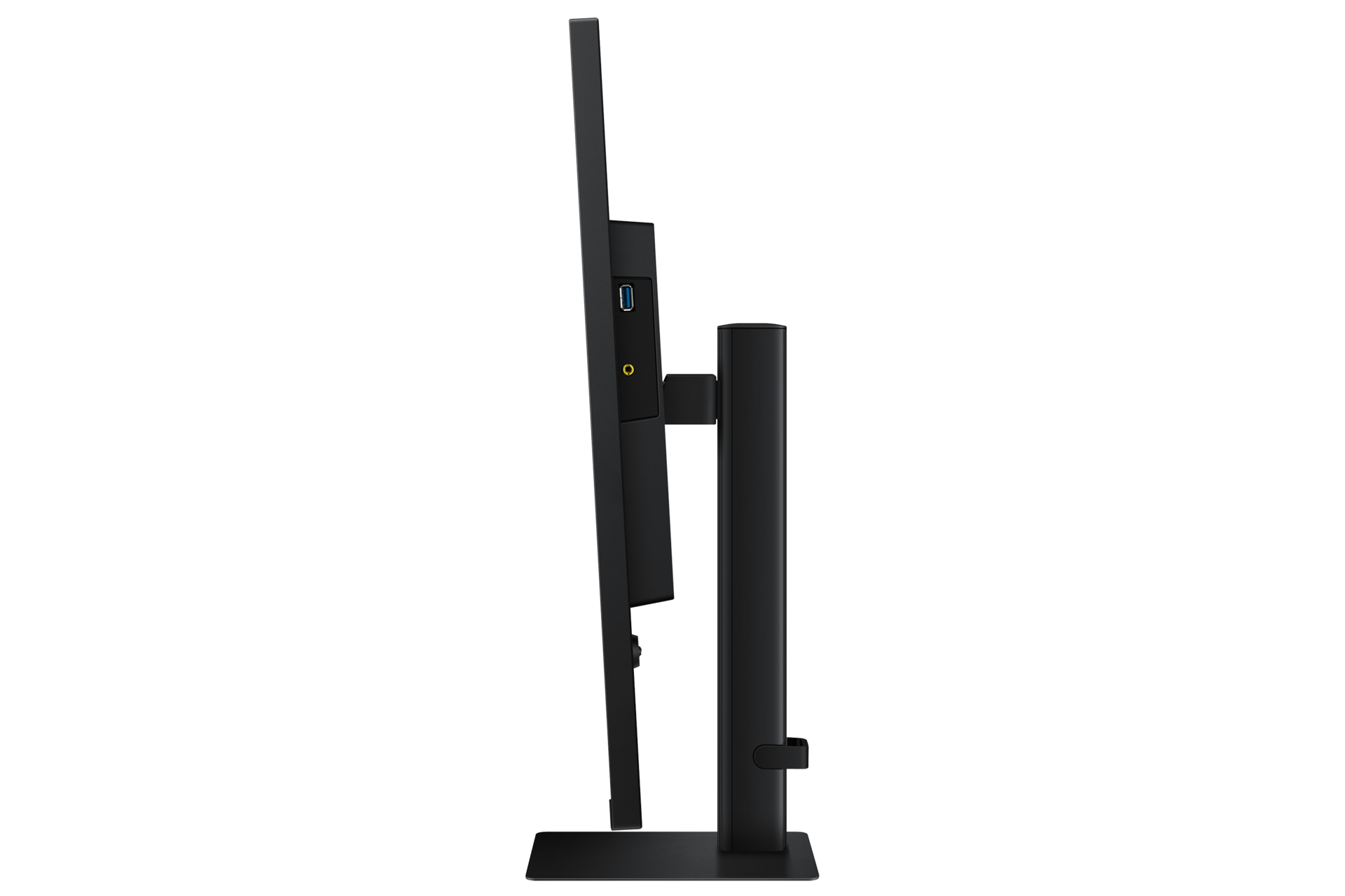Widok z boku czarnego monitora ze stojakiem i portami.