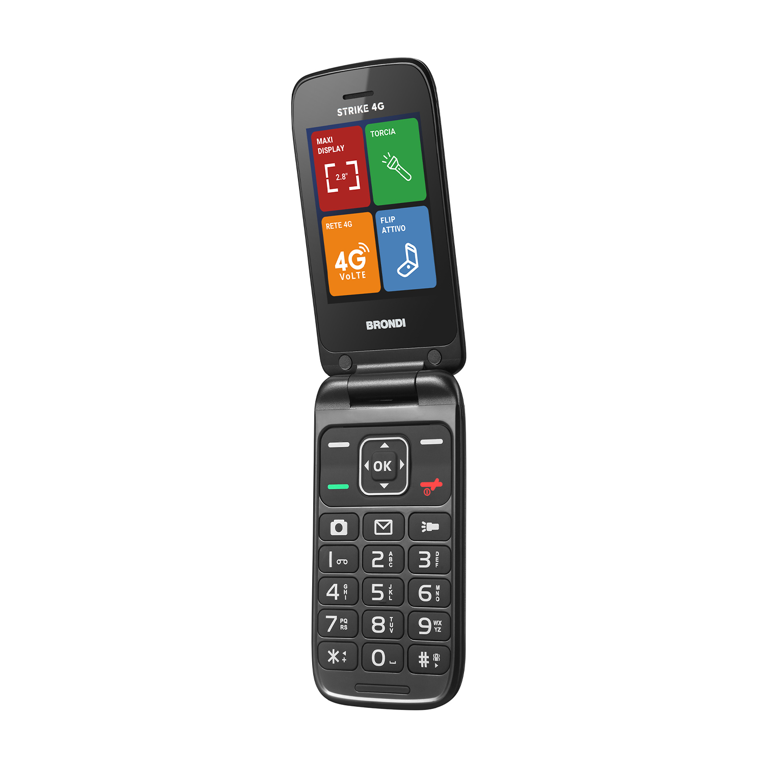 Otwarty czarny telefon klapkowy Brondi Strike 4G, pokazujący klawiaturę i ekran.