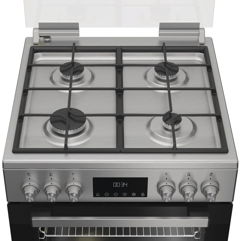 Fornello a gas in acciaio inox con quattro fuochi, display digitale e manopole.