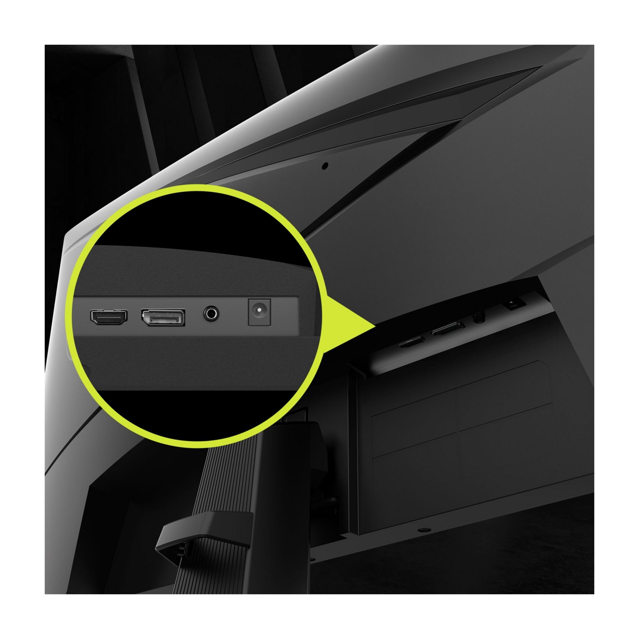 Zbliżenie portów czarnego monitora: HDMI, USB i wejście zasilania.