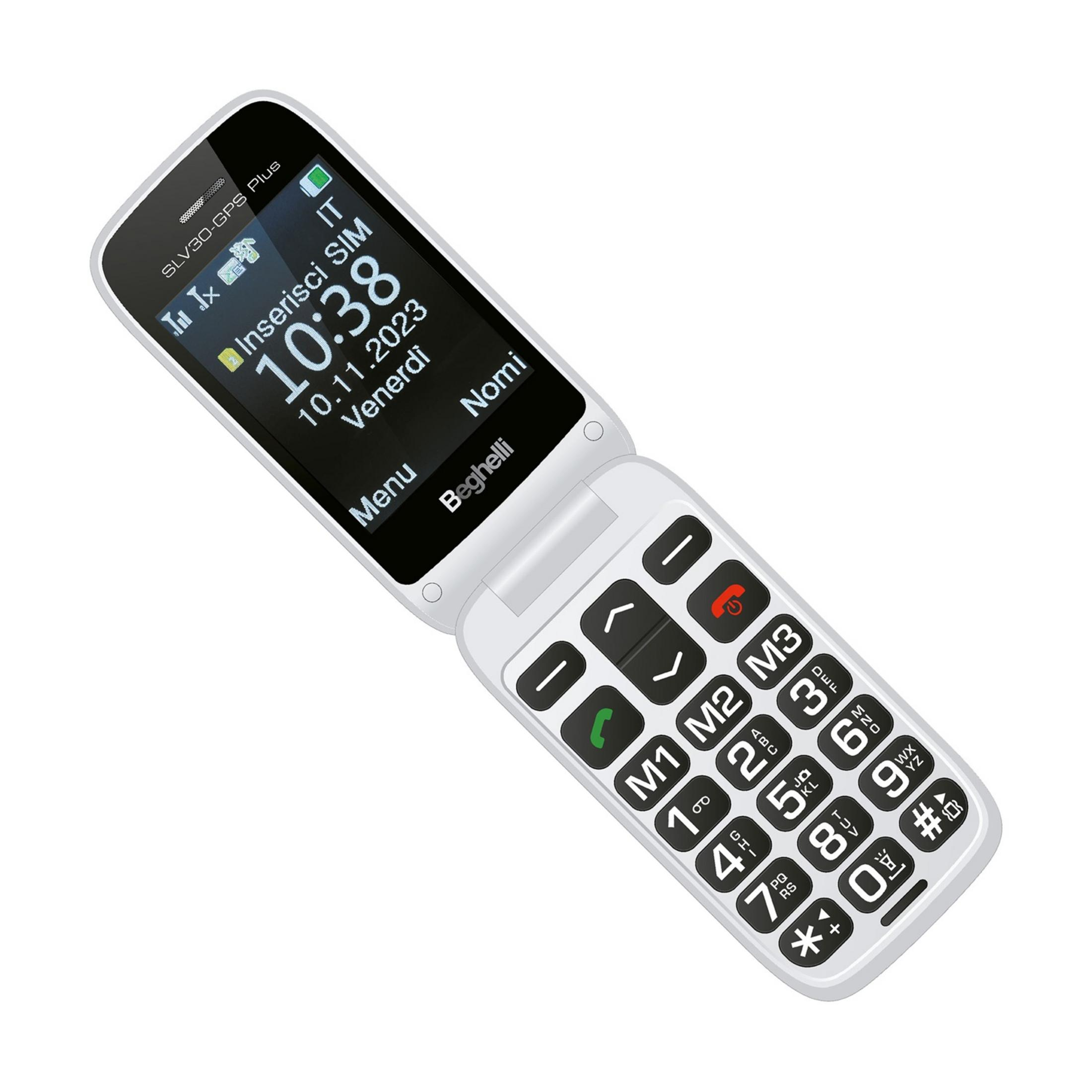 Un telefono a conchiglia bianco con schermo nero che mostra ora e data.