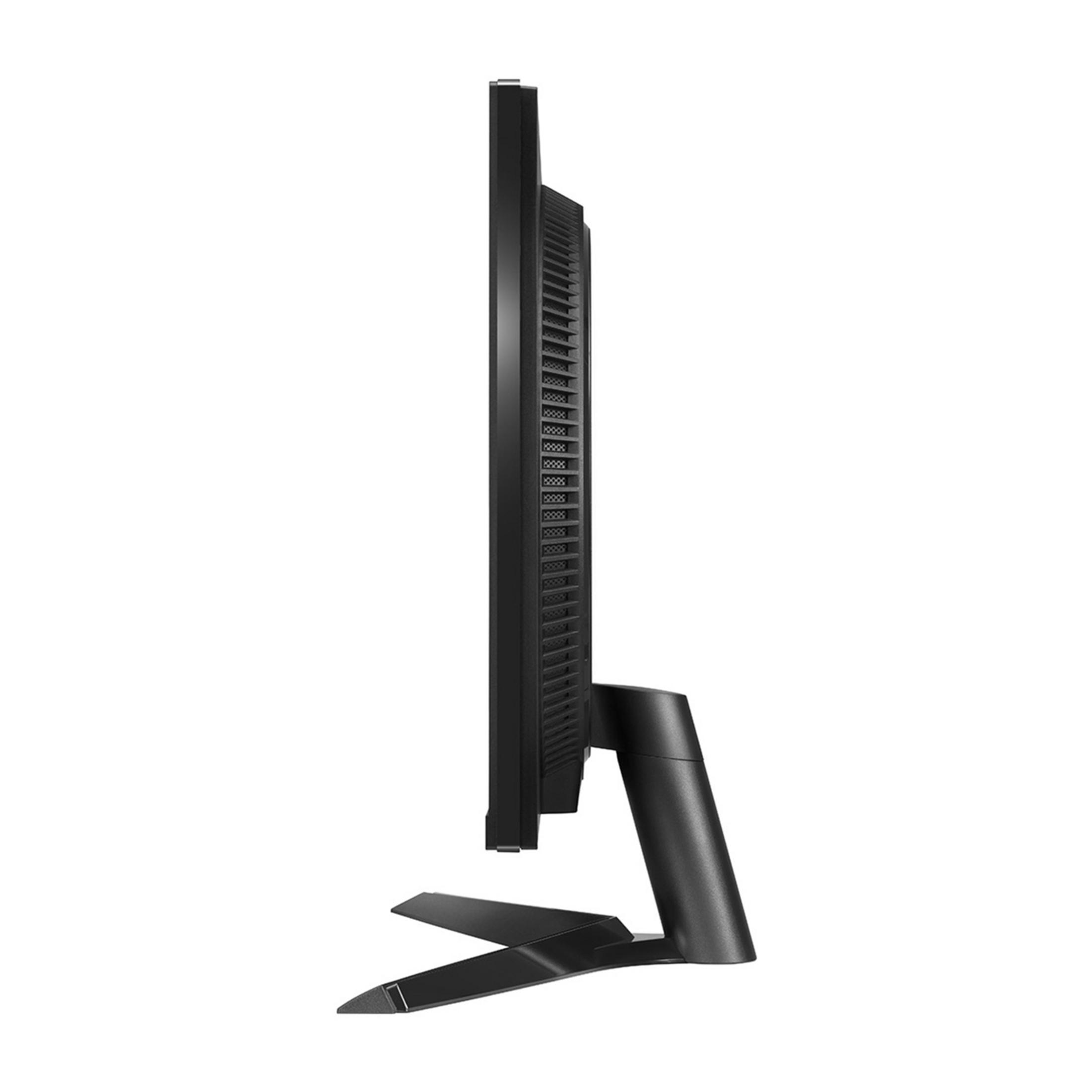 Widok z boku czarnego monitora z otworami wentylacyjnymi i stojakiem w kształcie litery V.