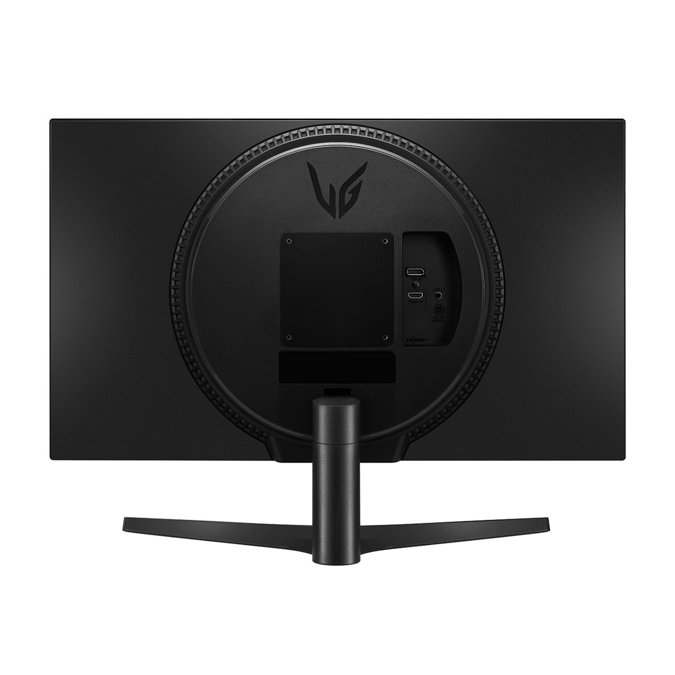Tył czarnego monitora z portami i podstawą. Widoczne logo LG.
