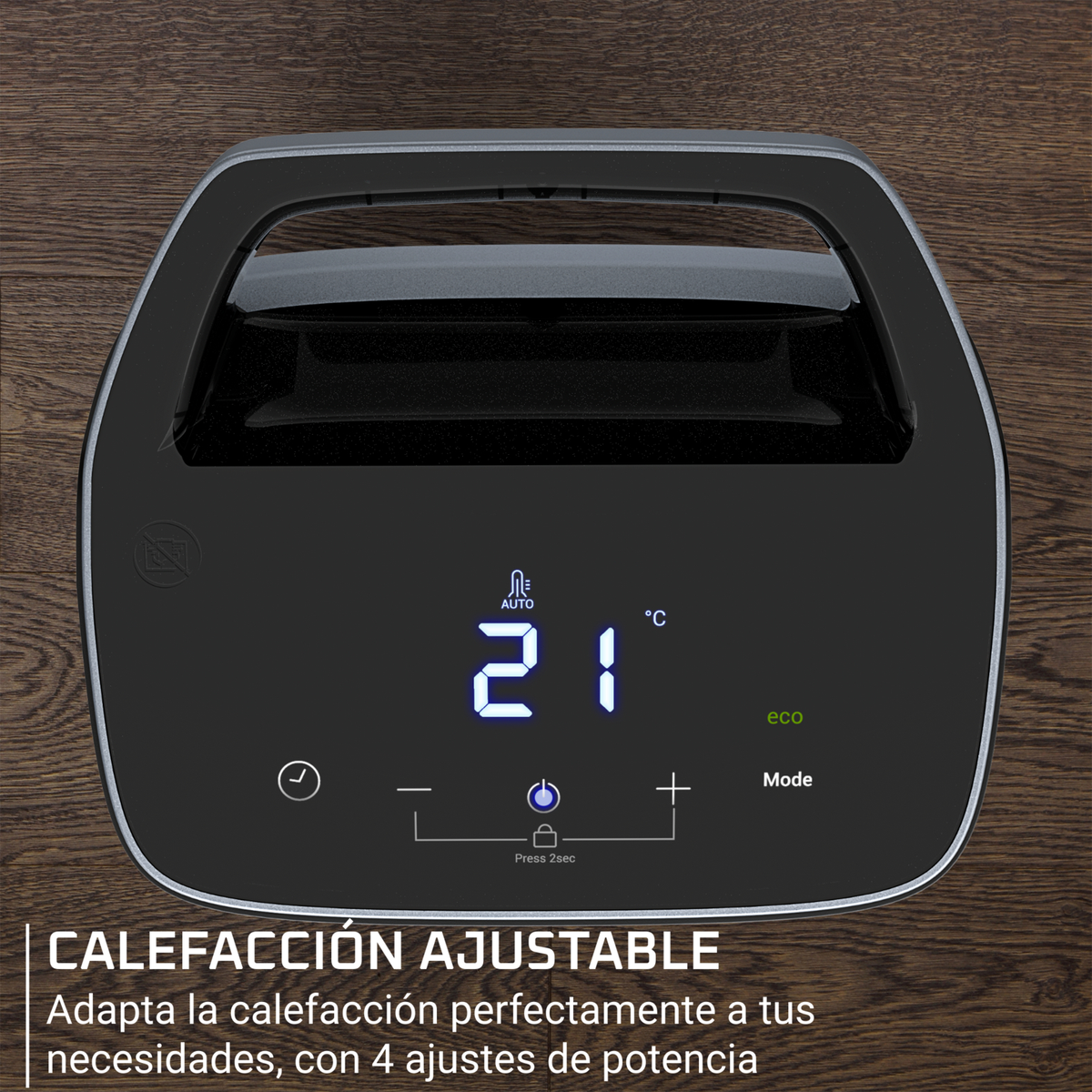 Czarna nagrzewnica pokazuje 21°C i ma opcję trybu EKO.