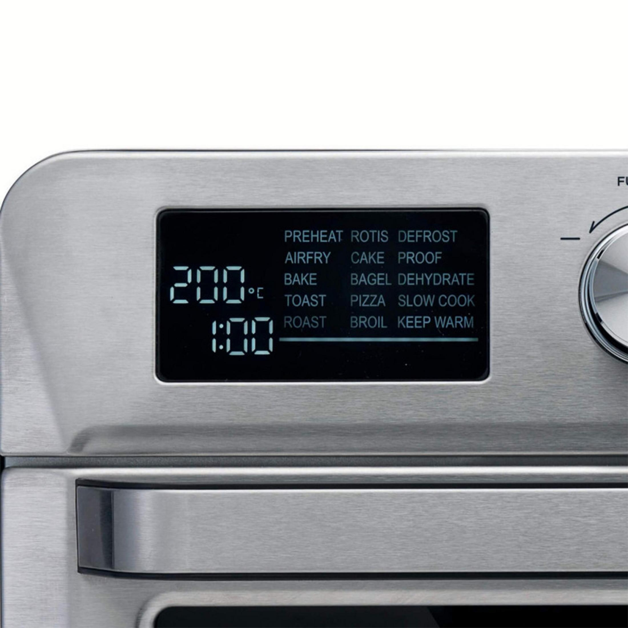 Pantalla de horno de acero inoxidable muestra 200°C y 1:00, con funciones.