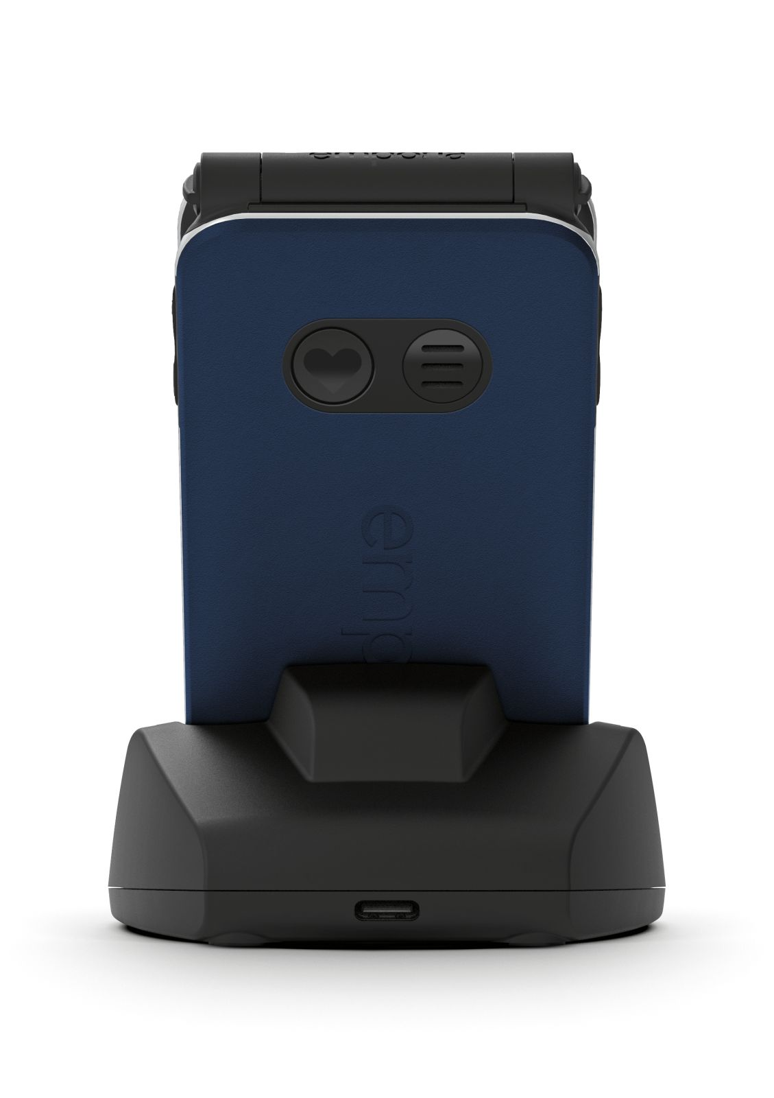 Ein dunkelblaues Klapptelefon steht in einer schwarzen Ladestation.