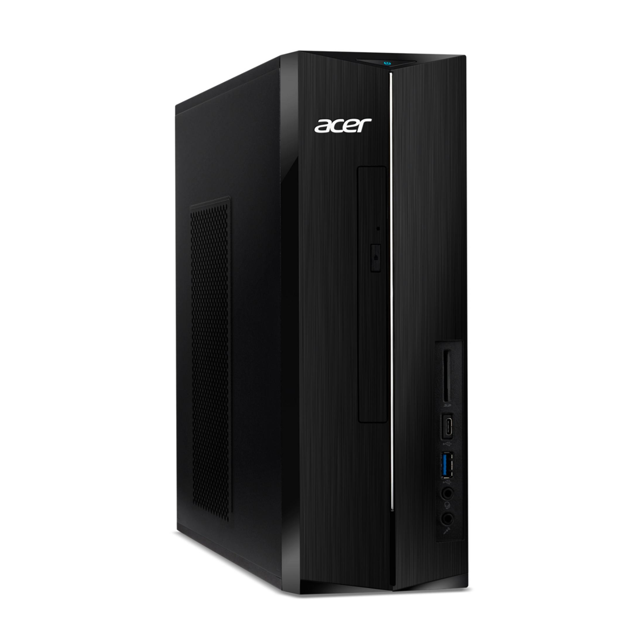 Czarna obudowa stacjonarna Acer z szczotkowanym wykończeniem i portami.