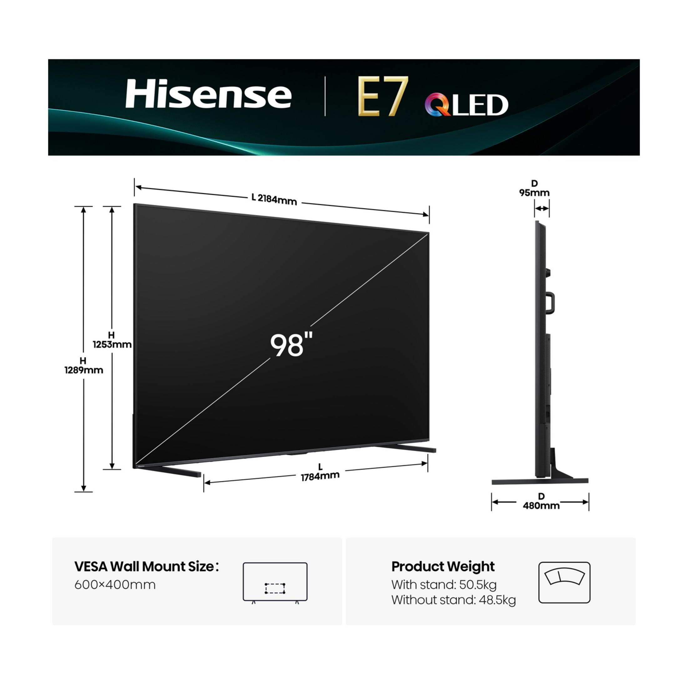 Un TV Hisense E7 QLED da 98 pollici con dimensioni e VESA.