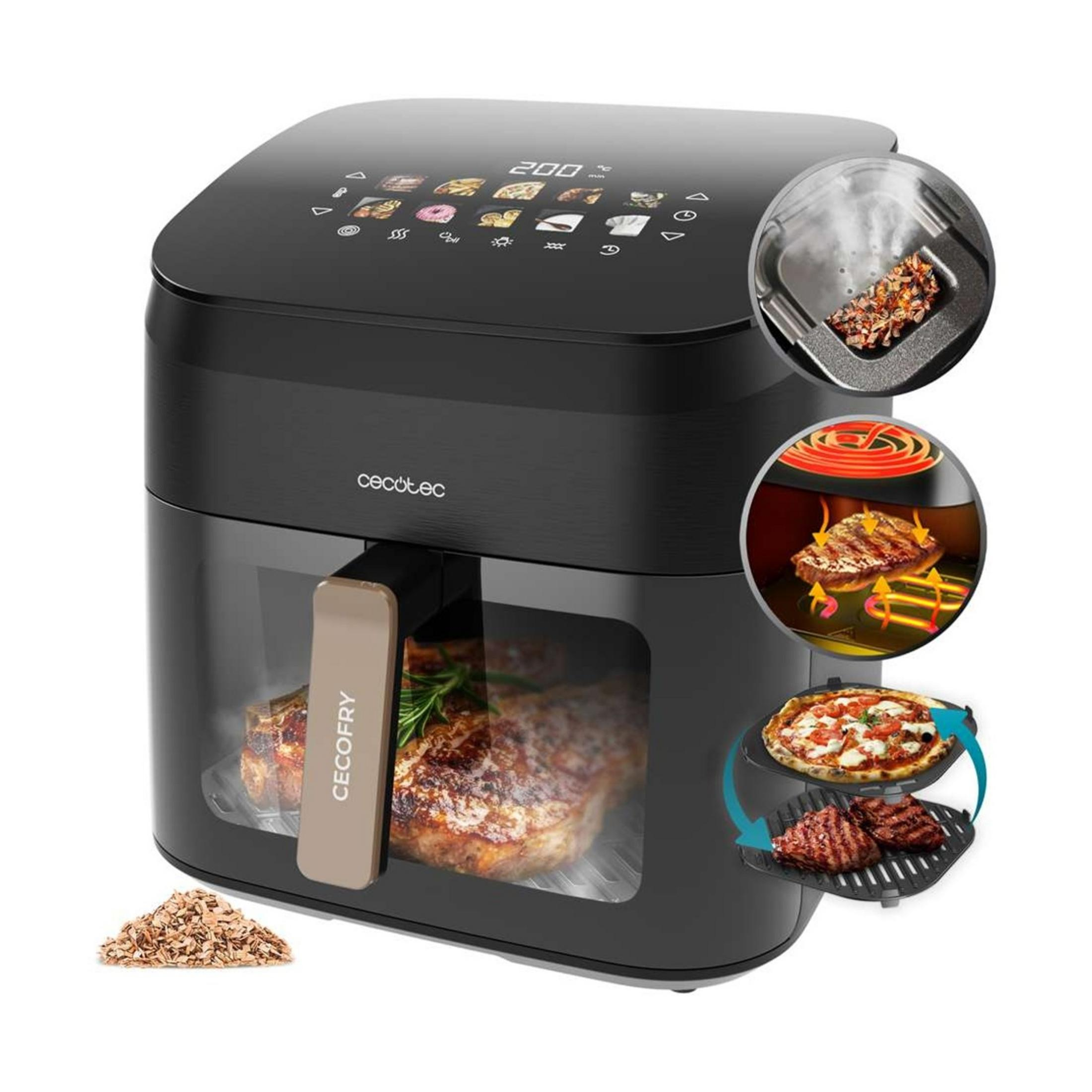Freidora de aire negra con iconos de cocina, carne, pizza y virutas de madera.