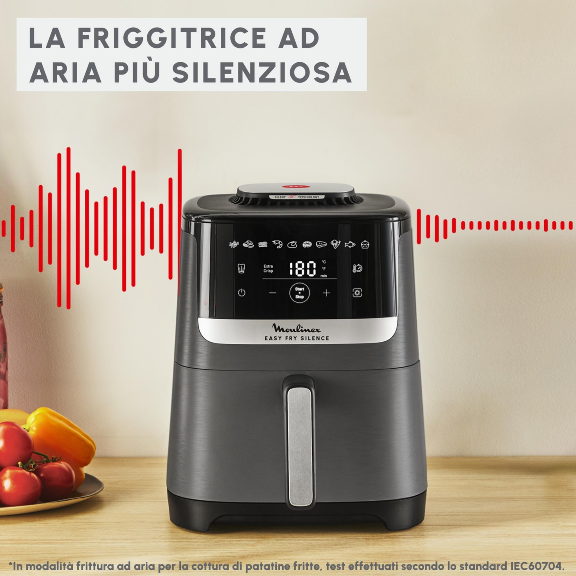 Freidora de aire Moulinex gris con pantalla táctil e iconos de cocina.