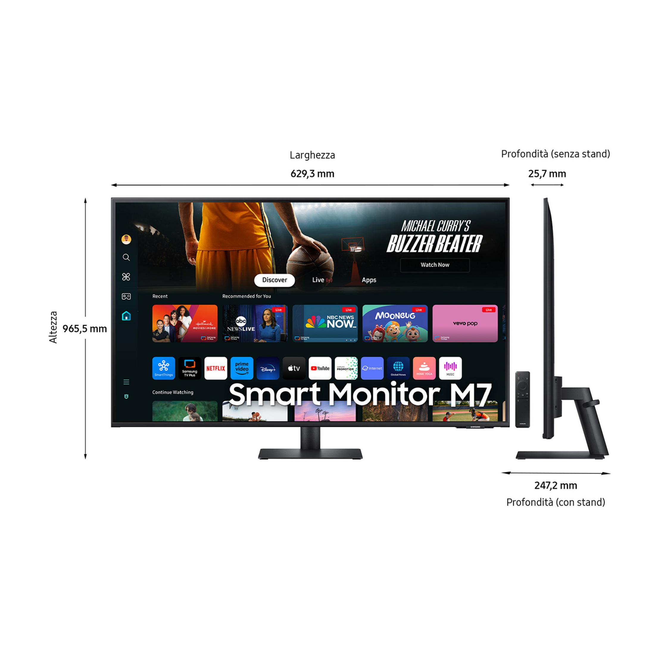Uno Smart Monitor M7 che mostra app, con dimensioni e telecomando.